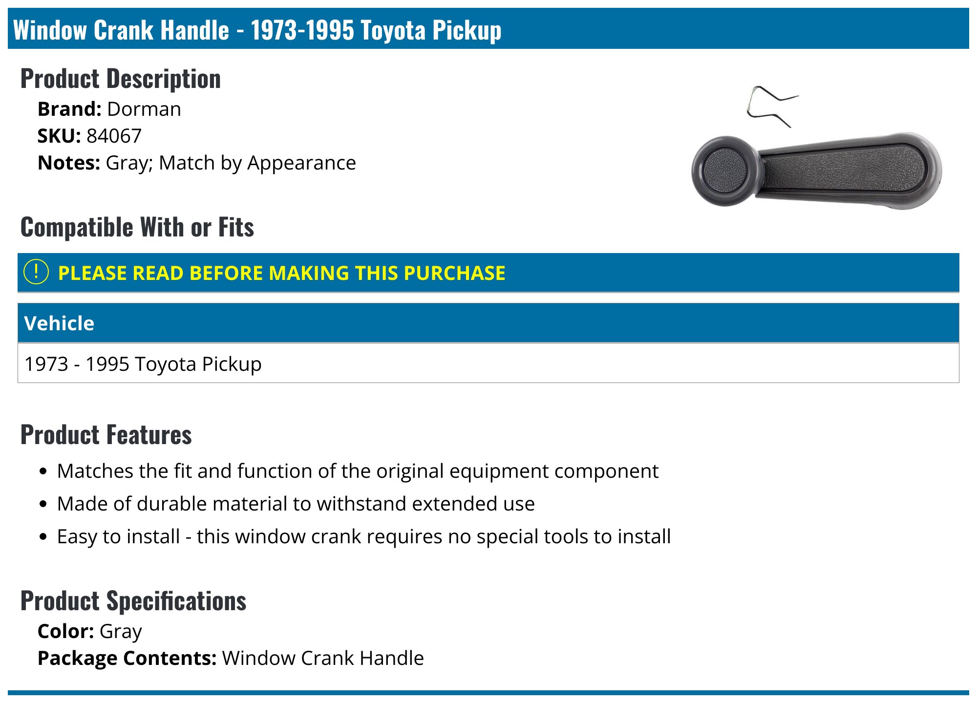 Windowsデスクトップ Manusinghe Don New Gray Window Crank Handles For 1984-1995 Toyota Pickup – Left
