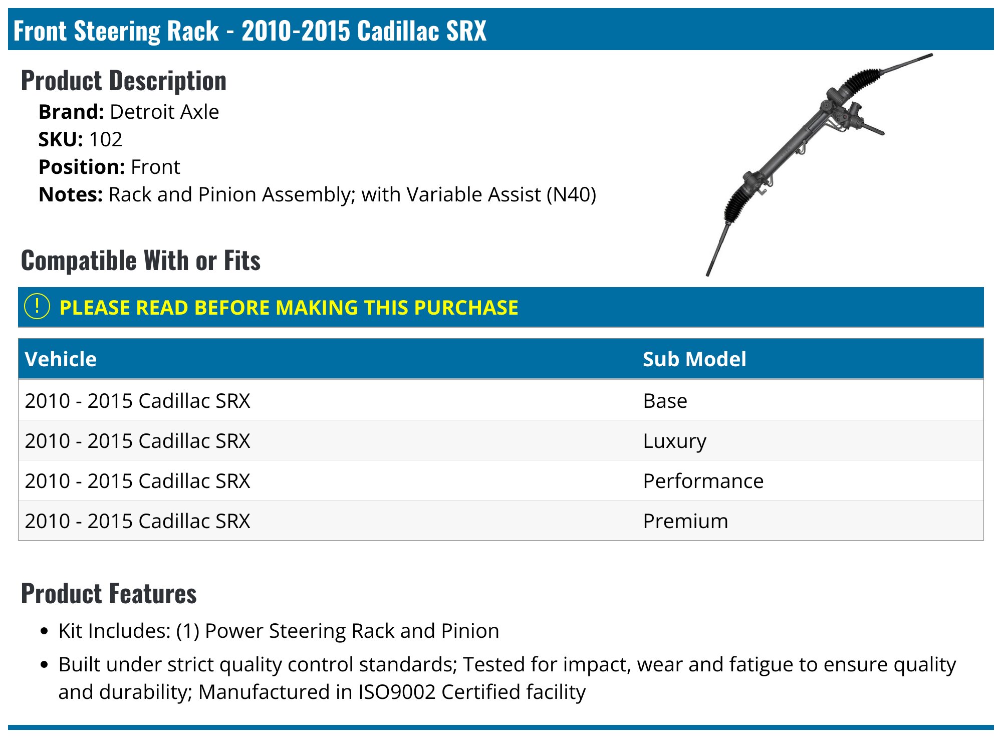 Power Steering Rack & Pinion – Fits 2010–2016 Cadillac SRX (Detroit Axle, Hydraulic, LIFETIME Warranty)