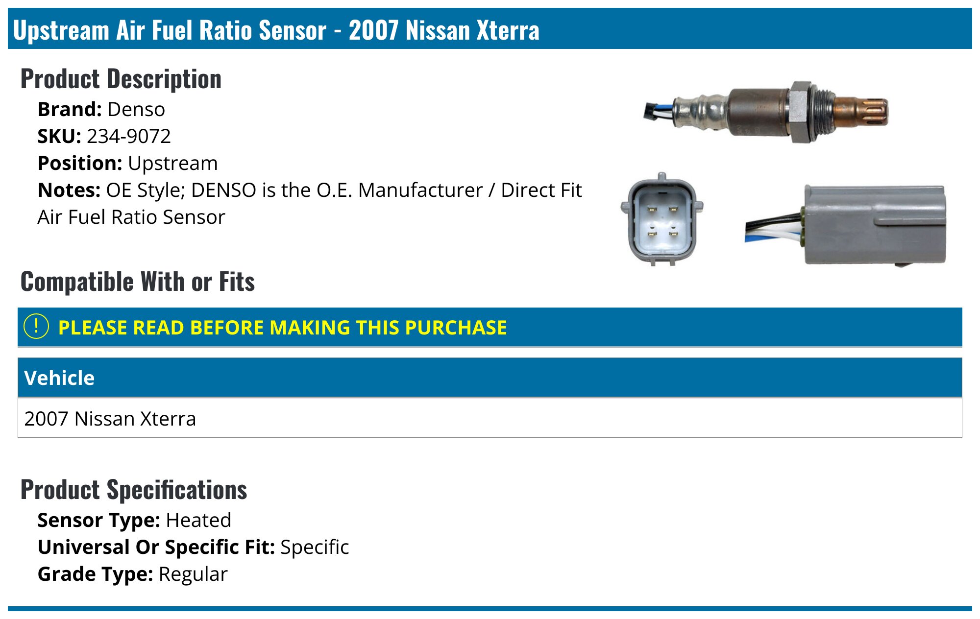 GERMBAN Oxygen Sensor 22693-ET000 - Front Upstream Heated O2 Sensor For 2007 Nissan Sentra Versa Altima, 234-9070, 3 Year Warranty, UPC 686514872632