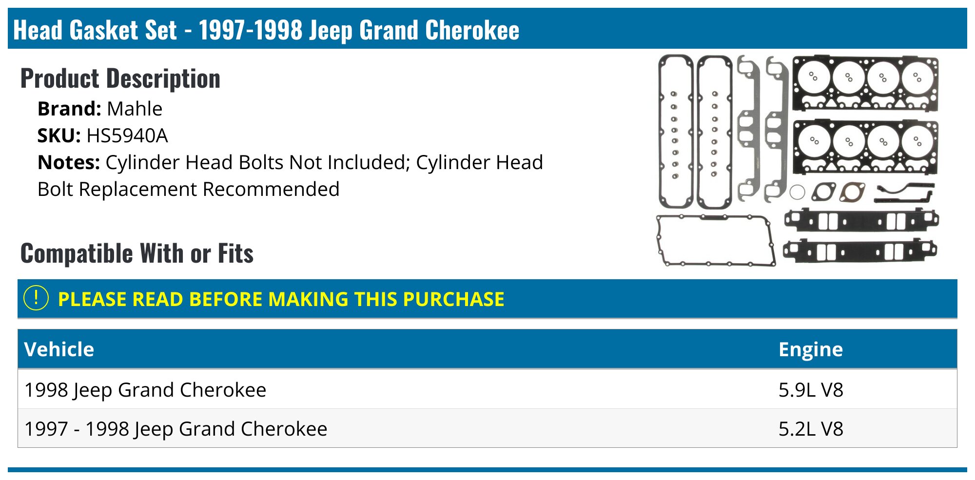 19971998 Jeep Grand Cherokee Head Gasket Mahle HS5940A