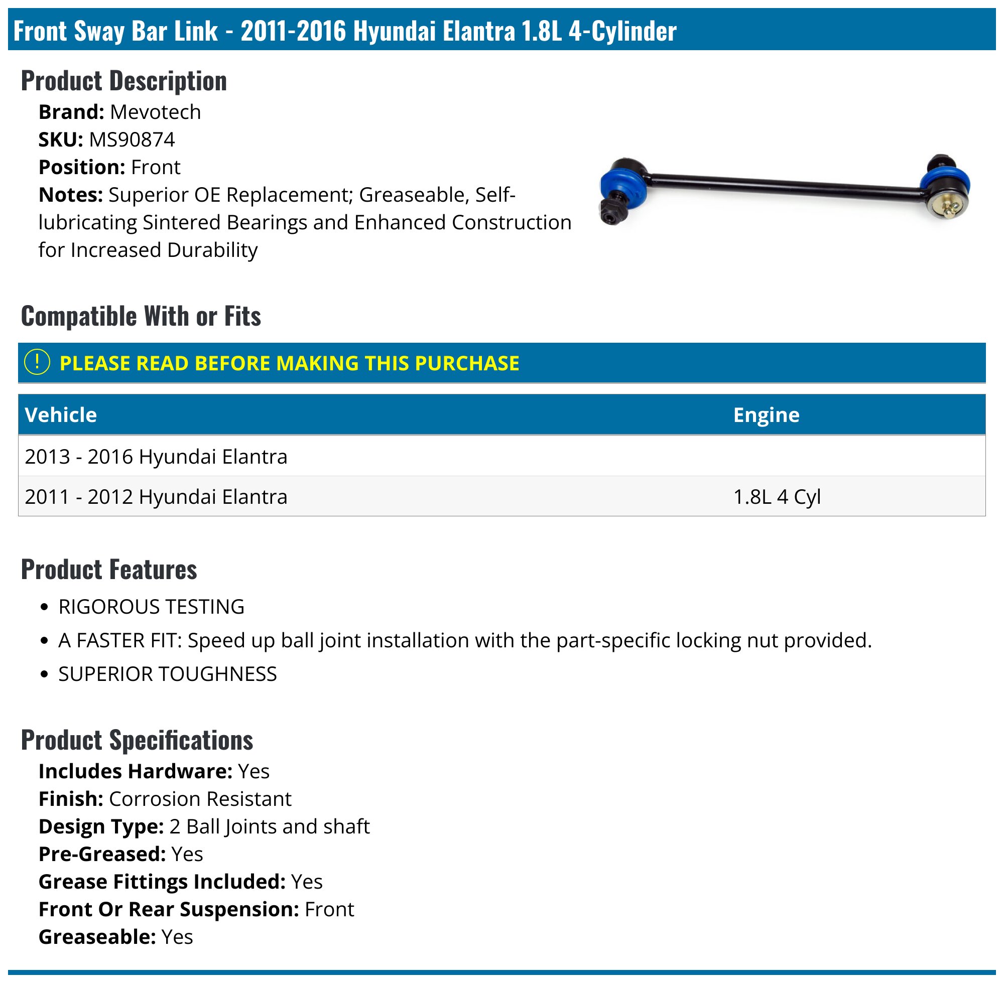 20112016 Hyundai Elantra Sway Bar Link Mevotech MS90874 Front