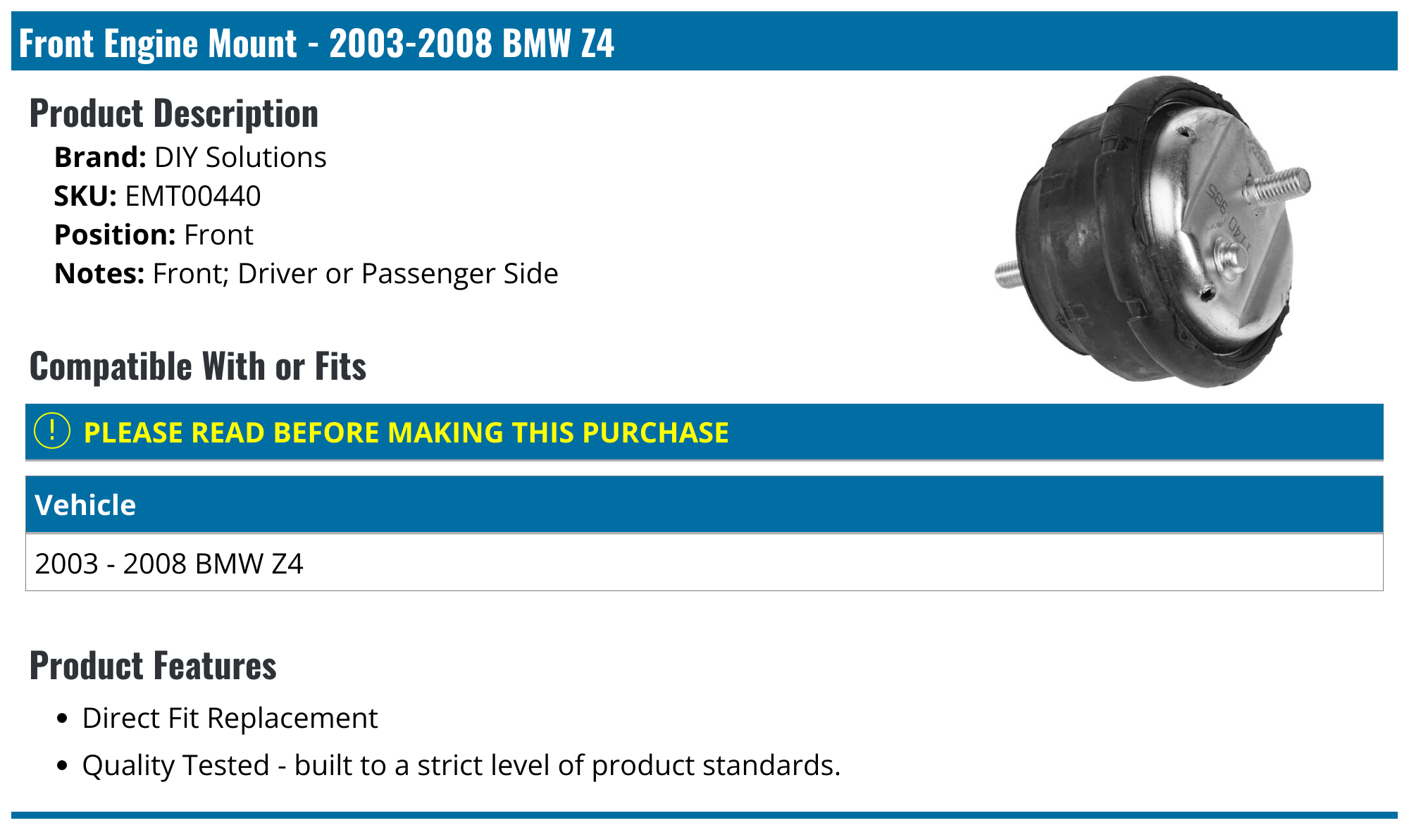 20032008 BMW Z4 Engine Mount DIY Solutions EMT00440 Front