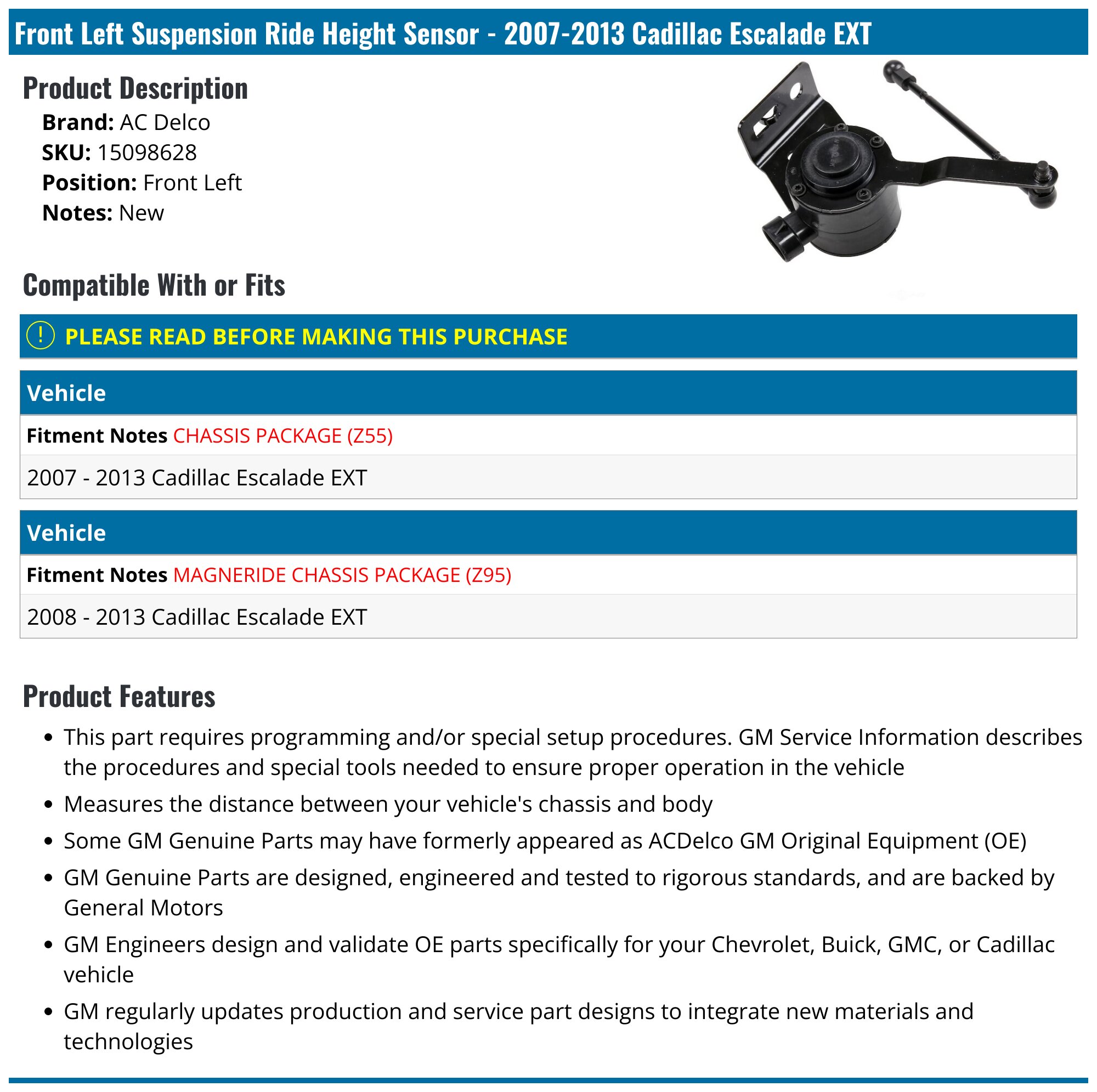 2007-2013 Cadillac Escalade EXT Suspension Ride Height Sensor - AC ...