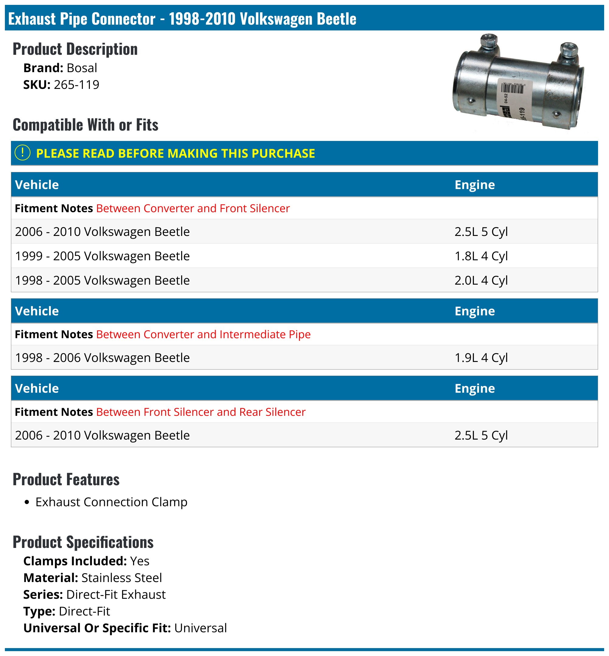 Raccord De Tuyau D'Échappement BOSAL BOS265-948 - Compatible OE - Neuf - Garantie - Allemagne