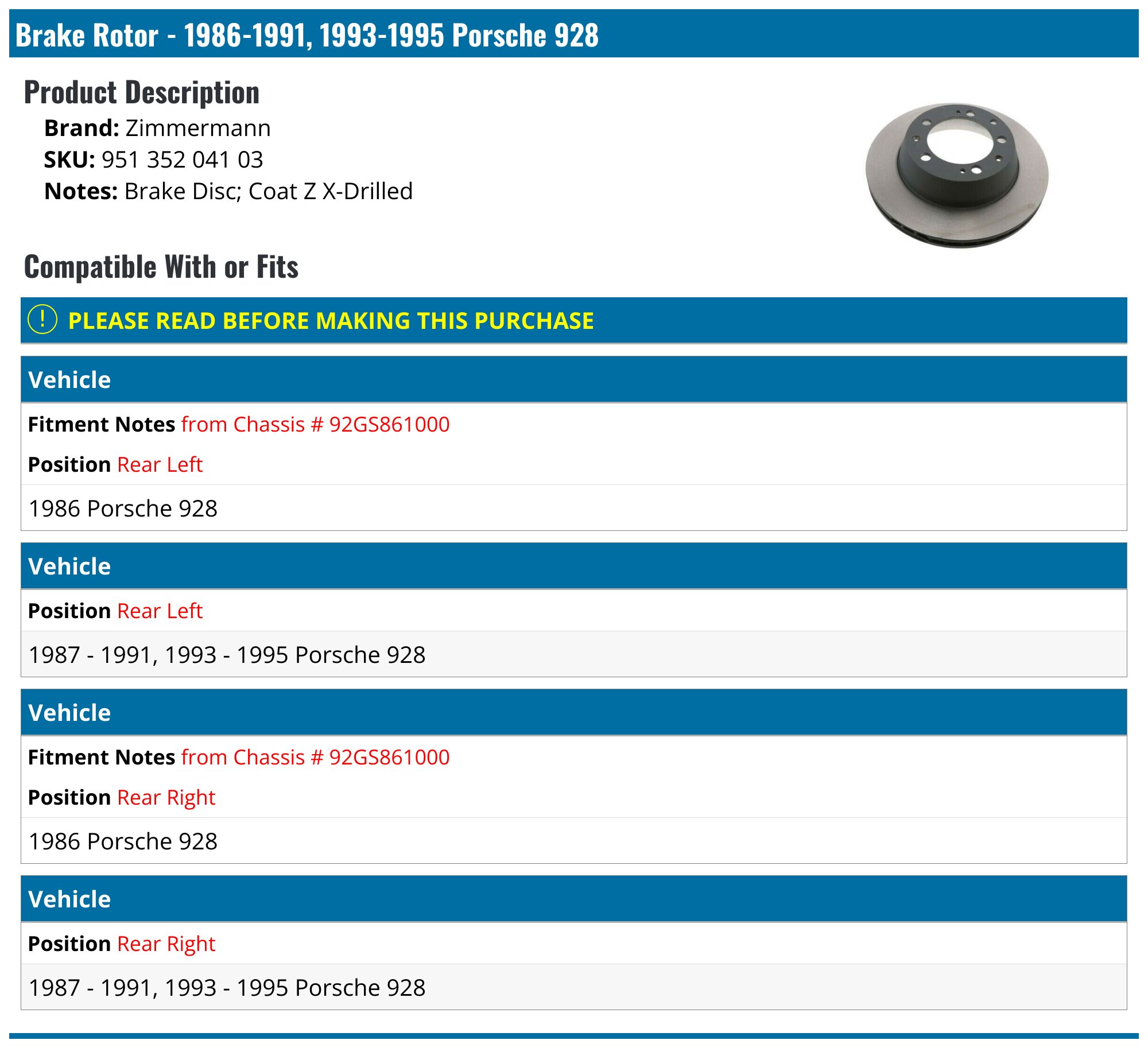 1986-1991, 1993-1995 Porsche 928 Brake Rotor - Zimmermann 951 352