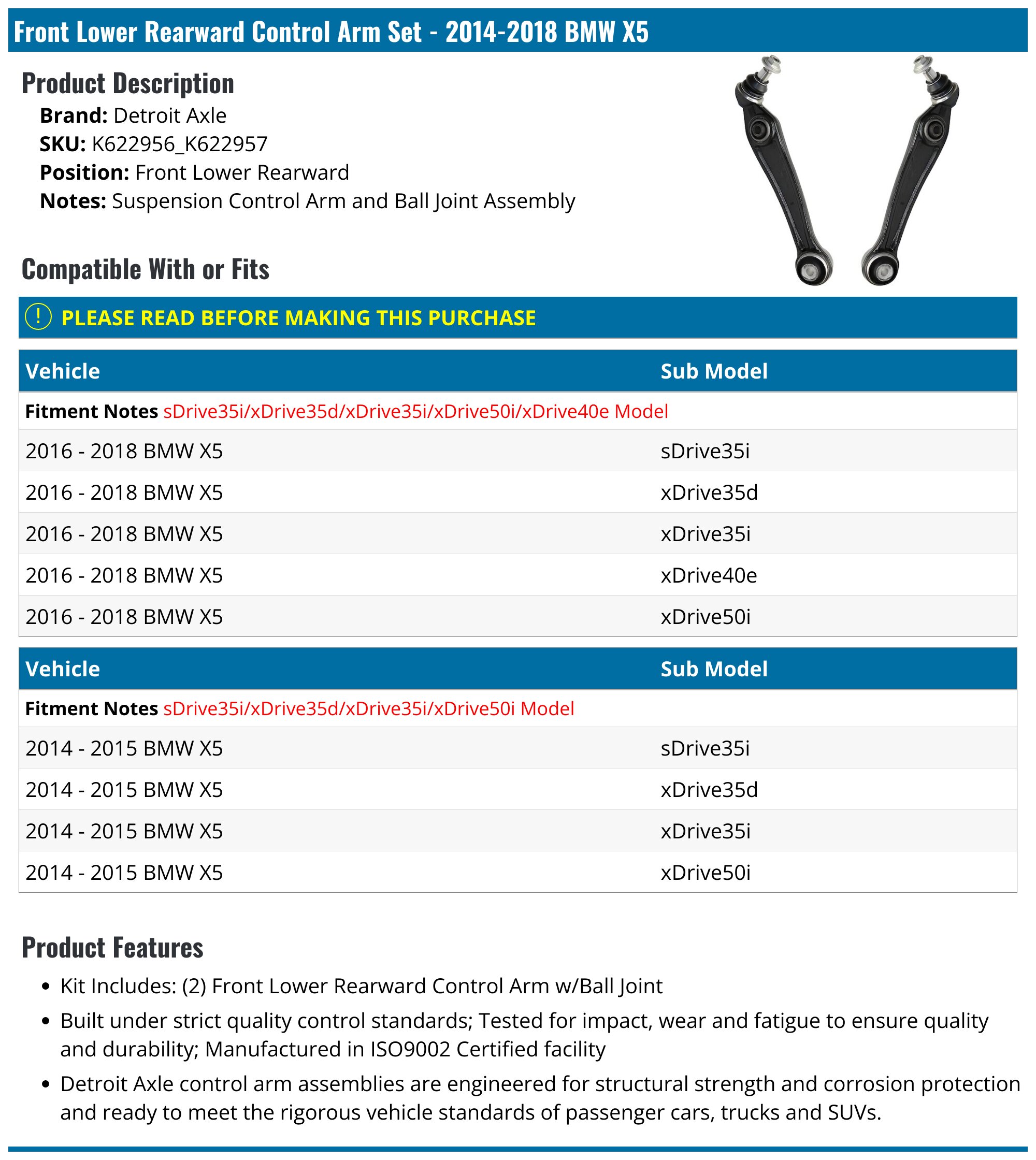 2014-2018 BMW X5 Control Arm - Detroit Axle K622956_K622957 - Front ...