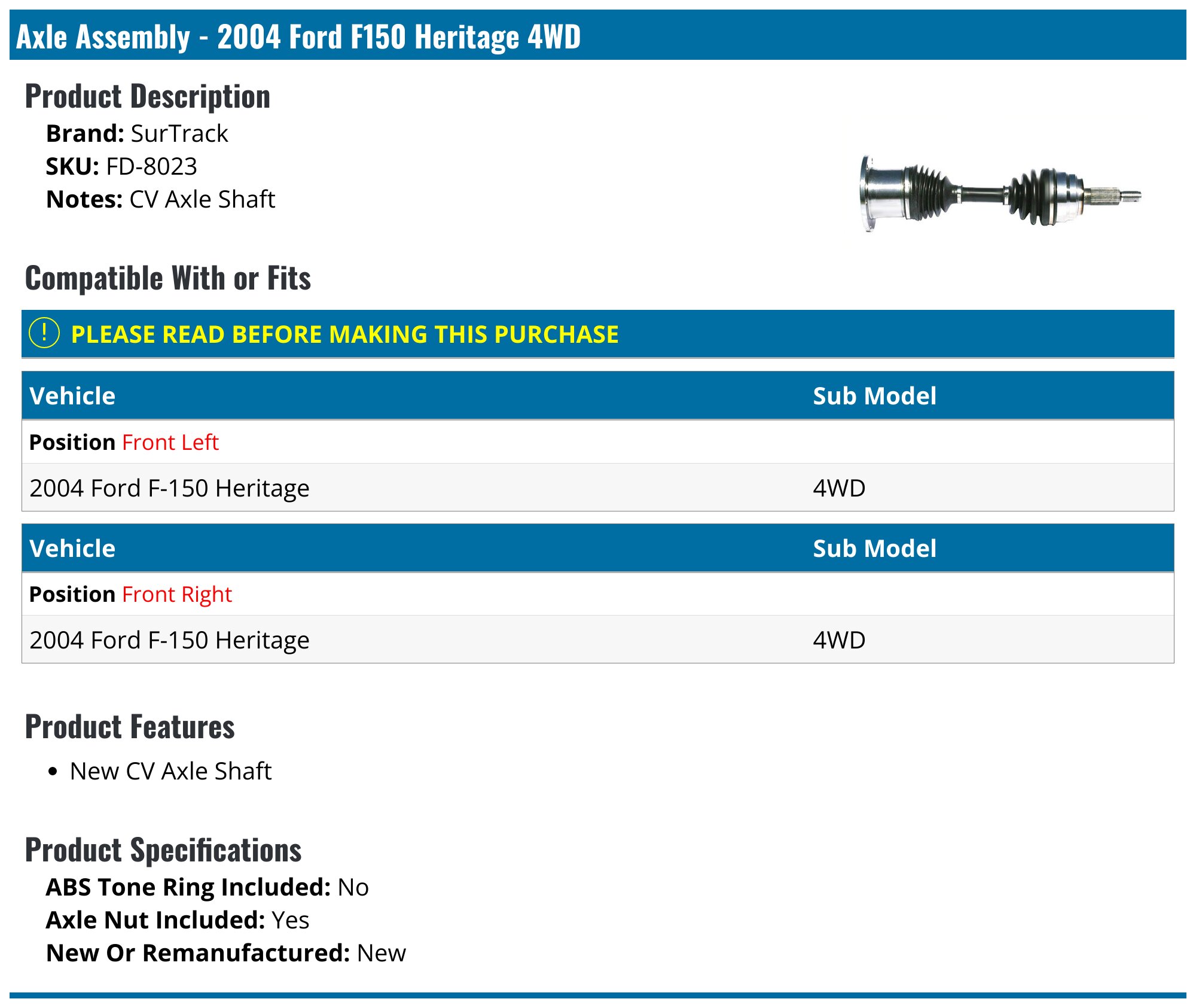 2004 Ford F150 Heritage Axle Assembly SurTrack FD8023 Front Left