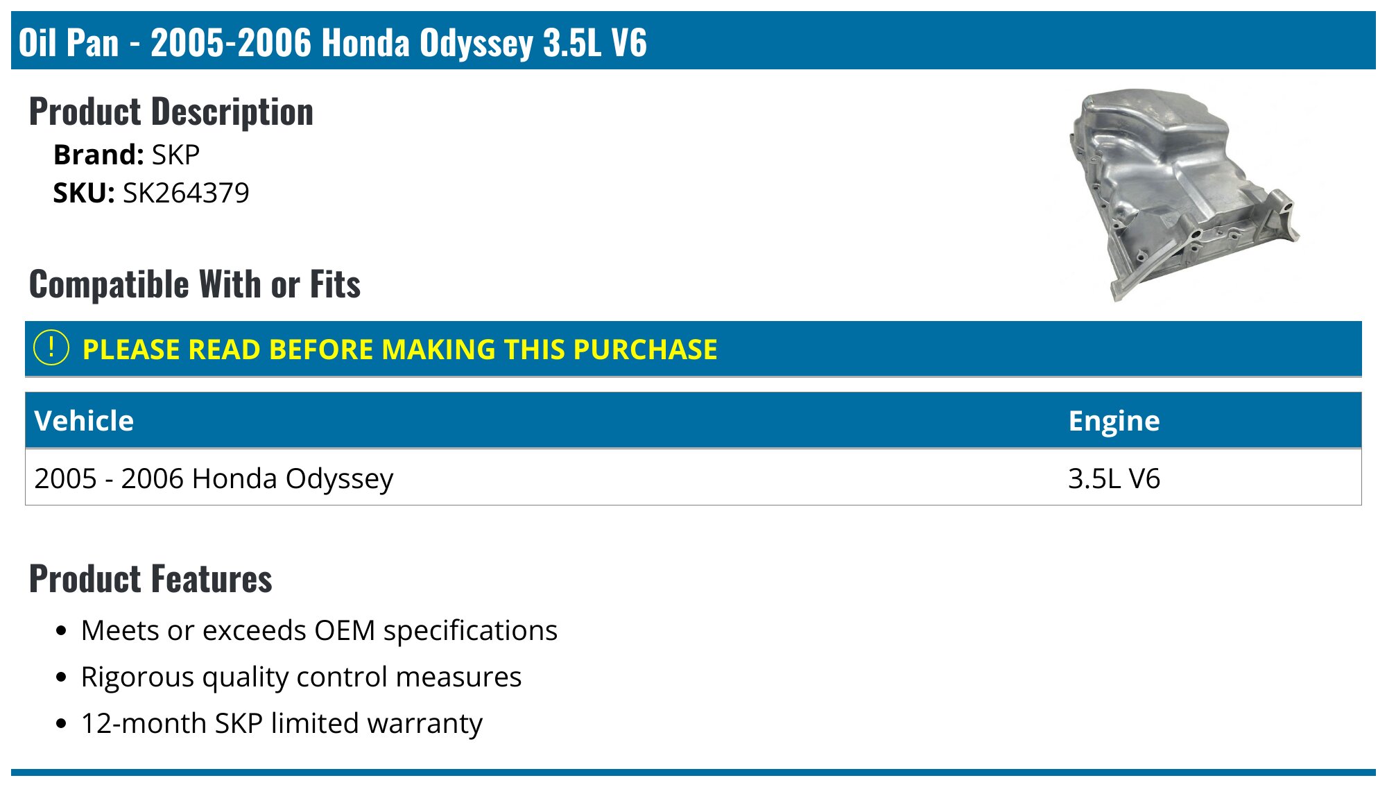 20052006 Honda Odyssey Oil Pan SKP SK264379