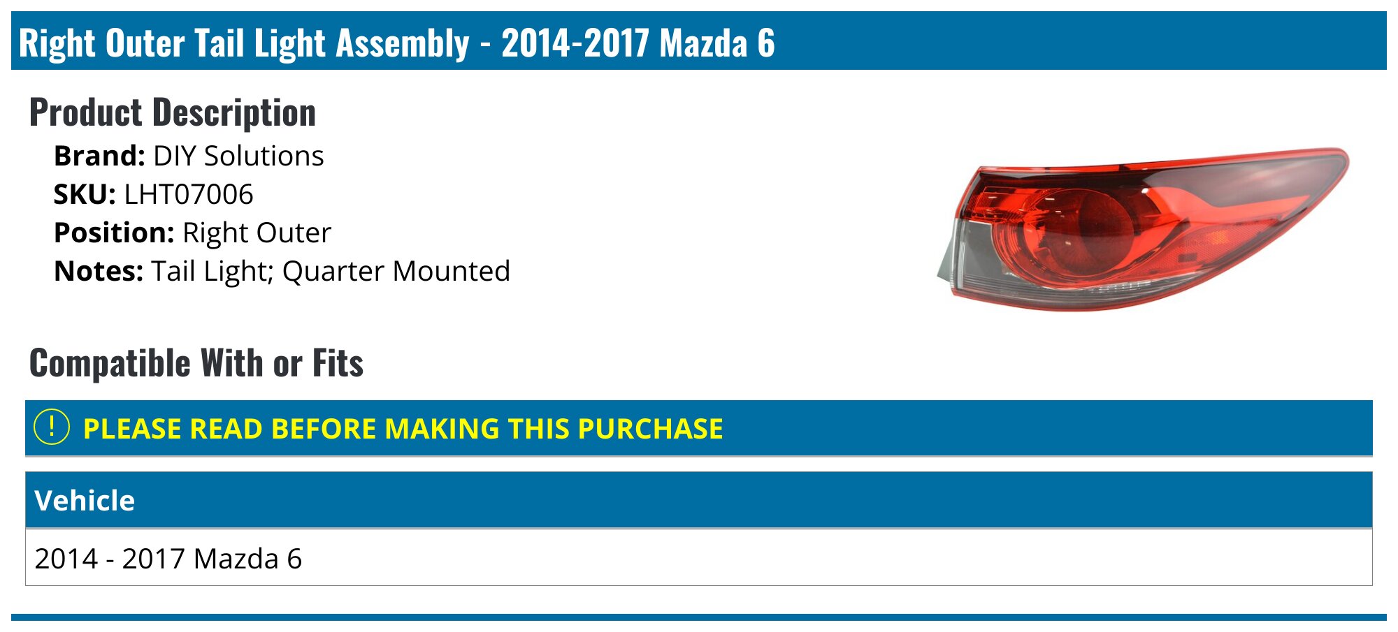 Evan-Fischer Tail Light Set For 2014-2017 Mazda 6 Sedan - Clear/Red Halogen Outer Lights (Pair)