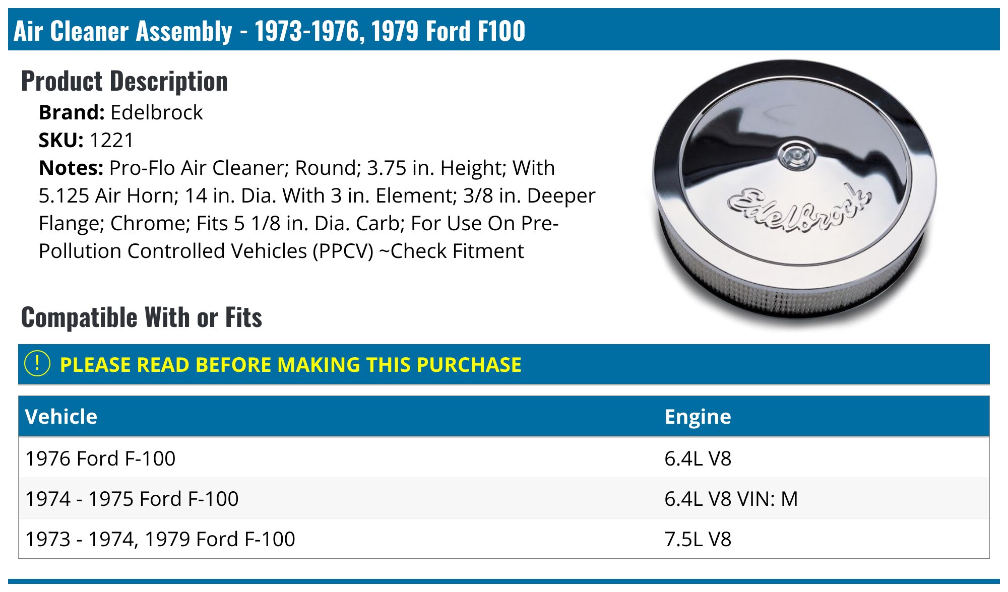 1973-1976, 1979 Ford F100 Air Filter Housing - Edelbrock 1221 ...