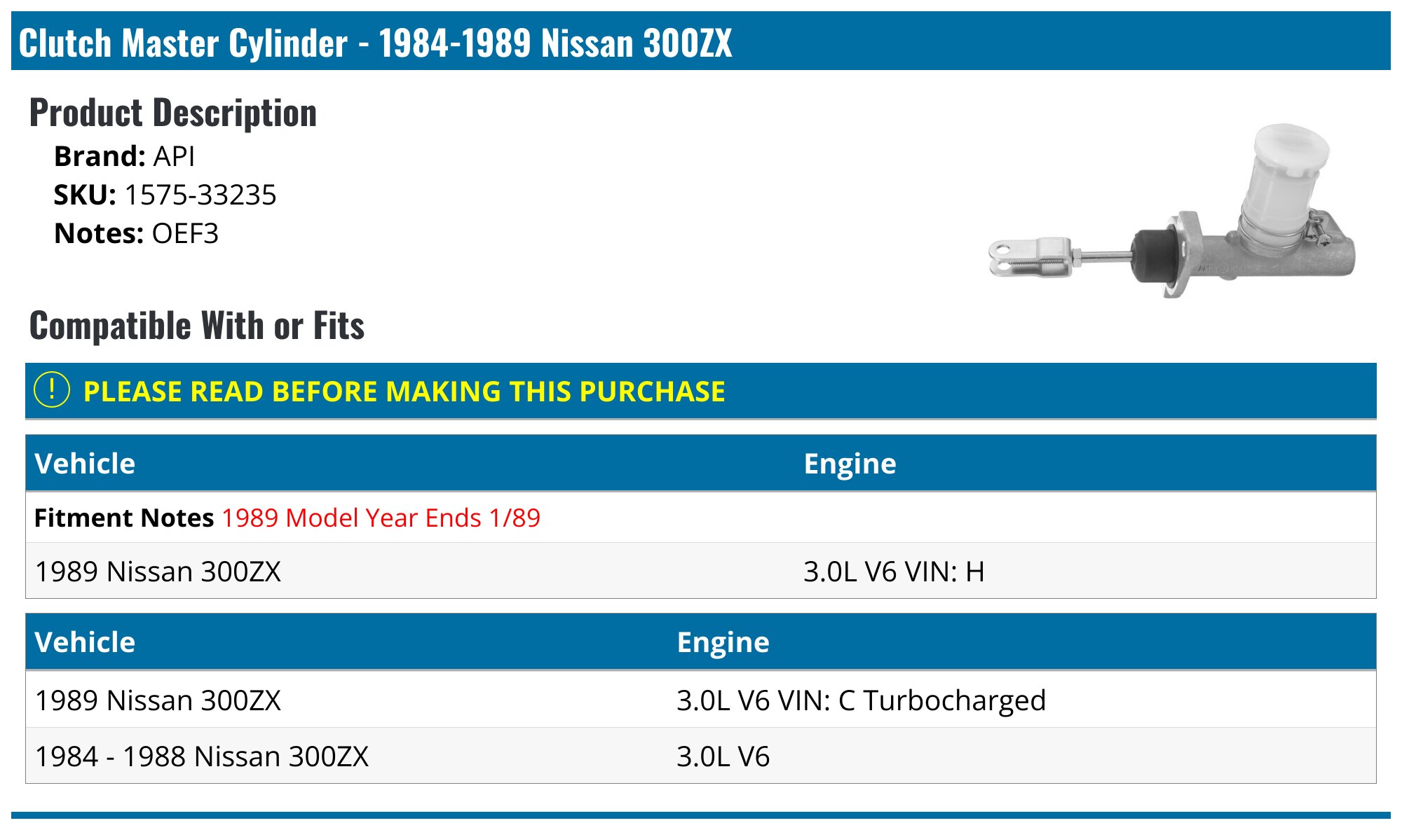 1984-1989 Nissan 300ZX Clutch Master Cylinder - API 6643-07850912