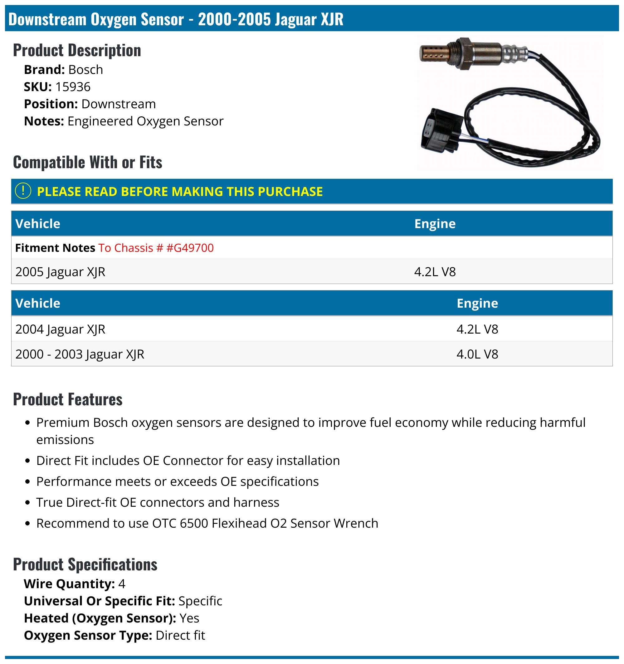 2000-2005 Jaguar XJR Oxygen Sensor - Bosch 15936 - Downstream ...