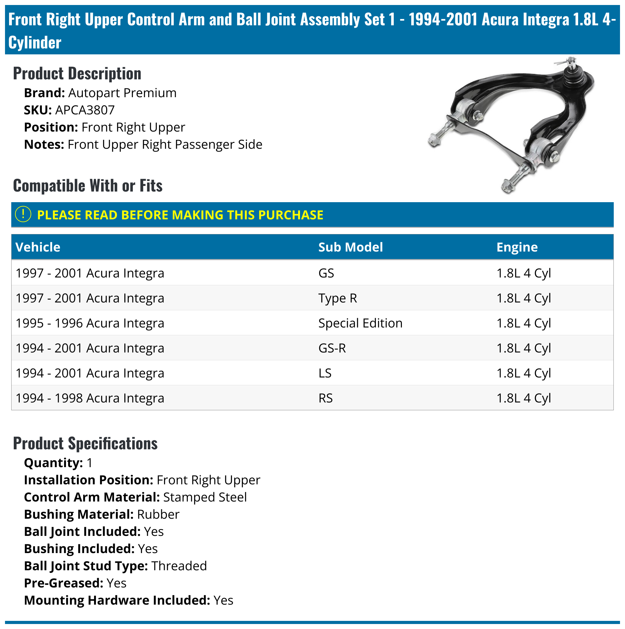 19942001 Acura Integra Control Arm Autopart Premium APCA3807 Front