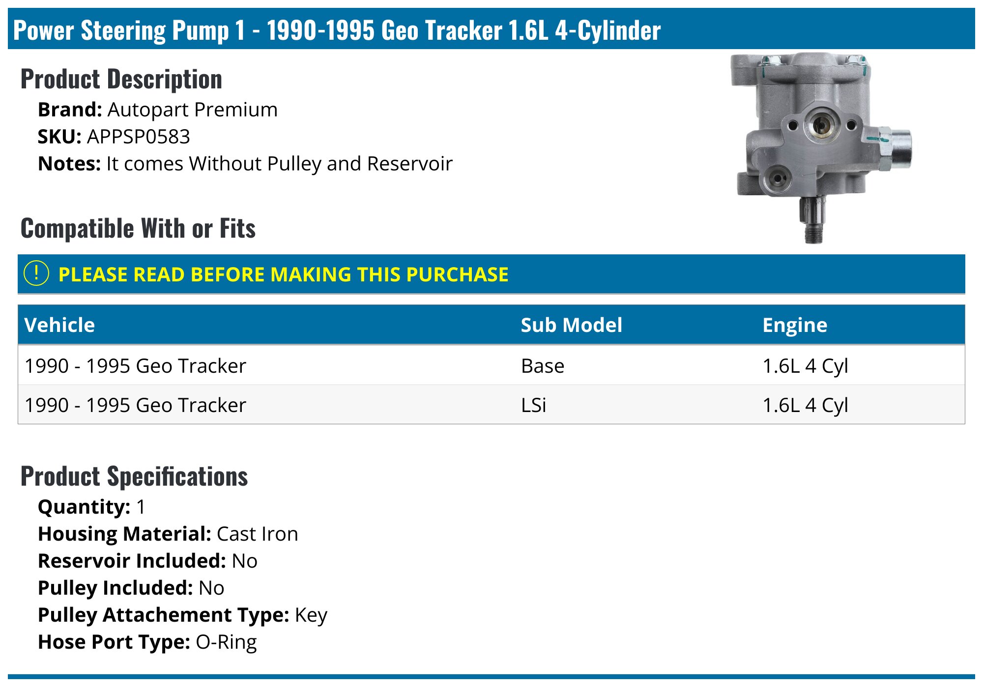 Power Steering Pump For Suzuki Sidekick Geo Tracker 1990