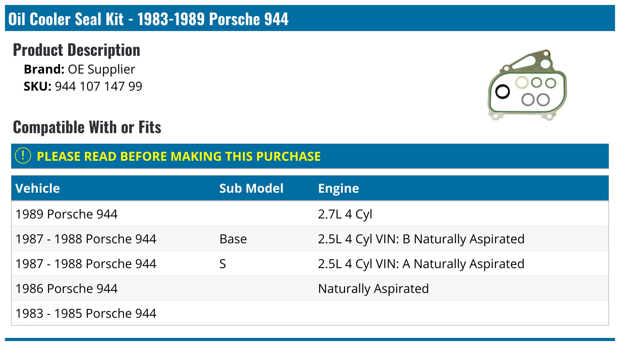 19831989 Porsche 944 Oil Cooler Seal OE Supplier 944 107 147 99