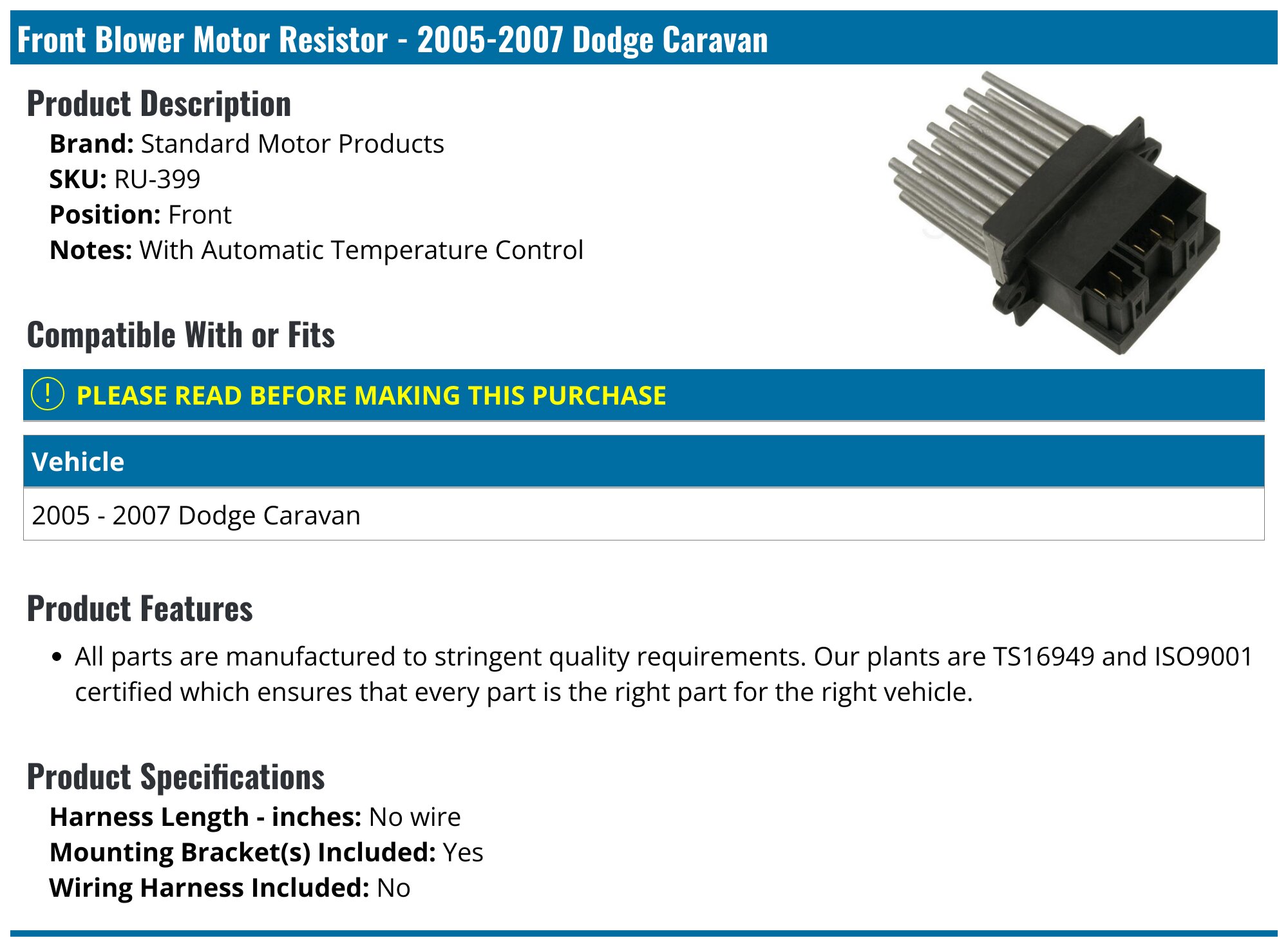 2005-2007 Dodge Caravan Blower Motor Resistor - Standard Motor Products ...