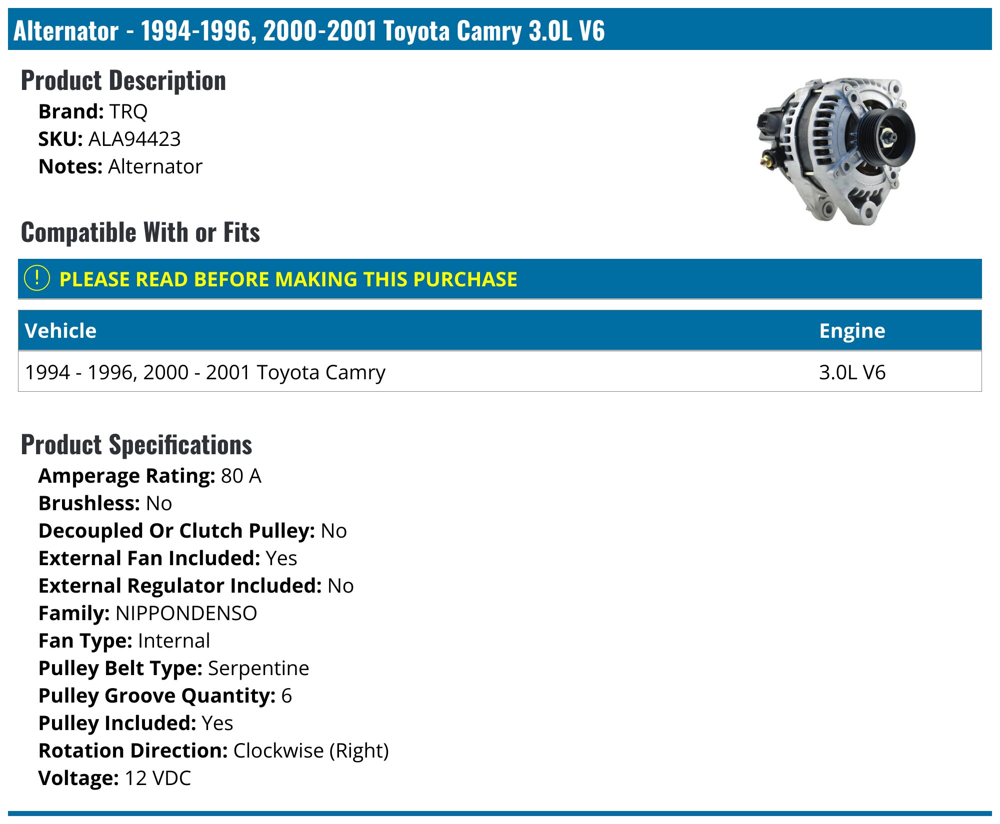 Alternator 13754 For Toyota Camry 2.2 2.2L 1997 1998 1999 2000 2001 27060-74590