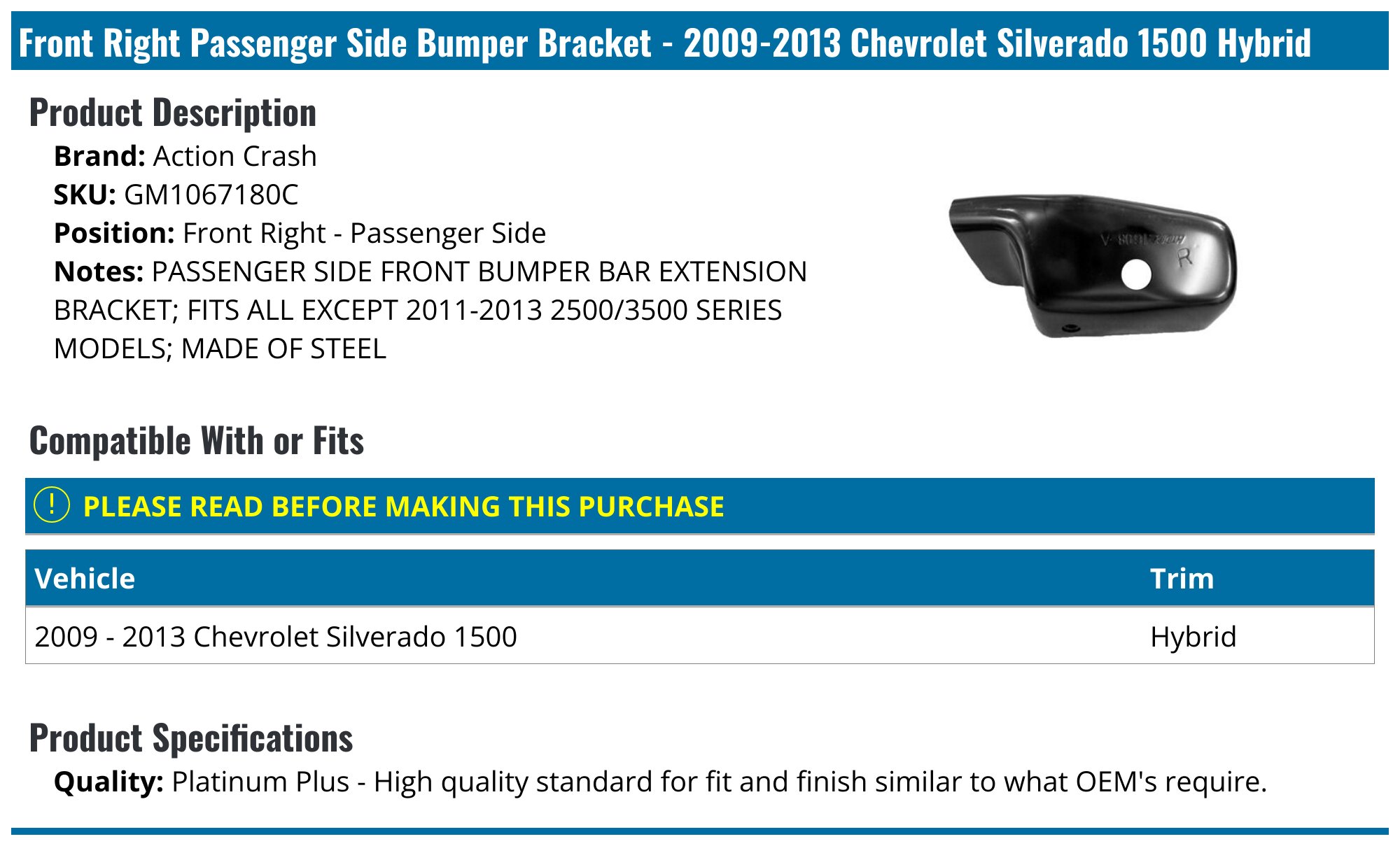 Bumper Filler Front Passenger Side Chevrolet Silverado 1500 2007-2013 Steel , GM1005148