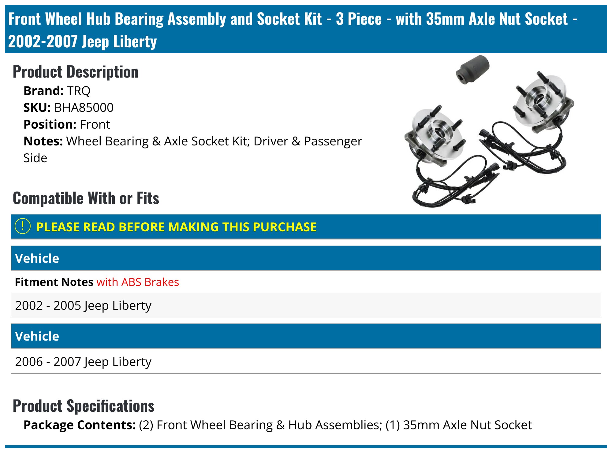 A-Premium Front Wheel Hub And Bearing Assembly Kit For Jeep Liberty 2002-2007 - 5-Lug With ABS, Replaces OEM #513177 (Pair Of 2)
