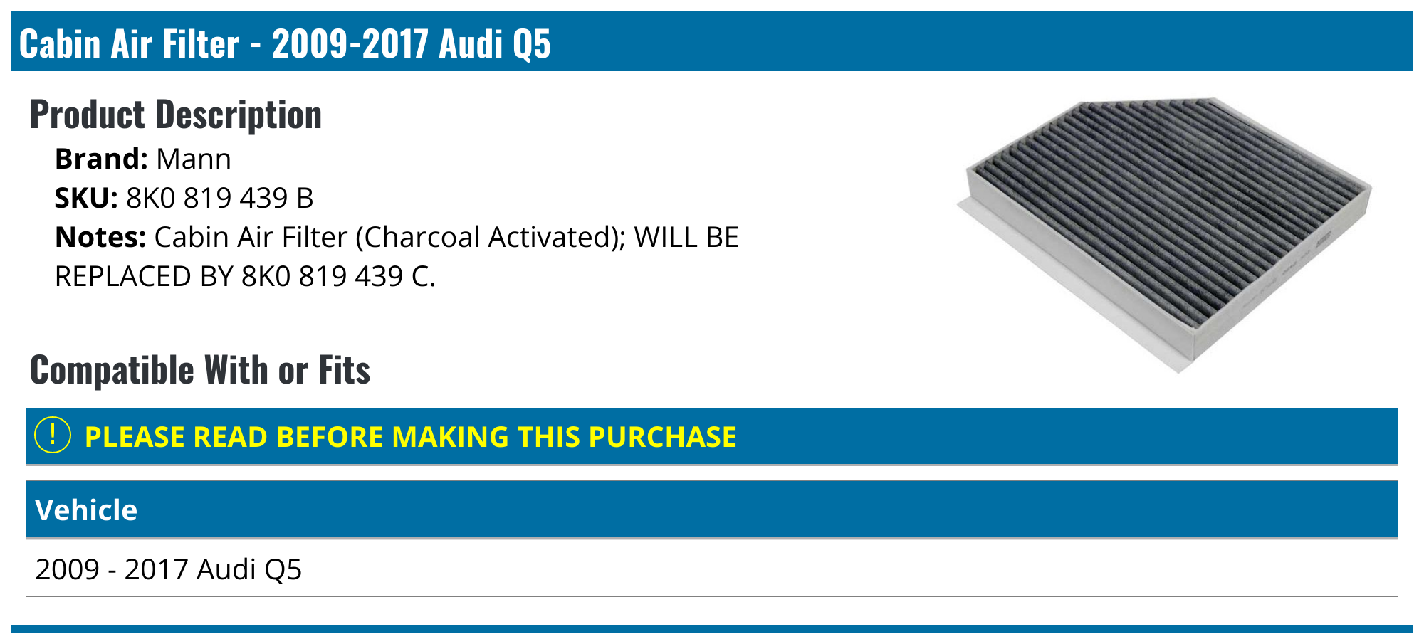 20092017 Audi Q5 Cabin Air Filter Mann 8K0 819 439 B