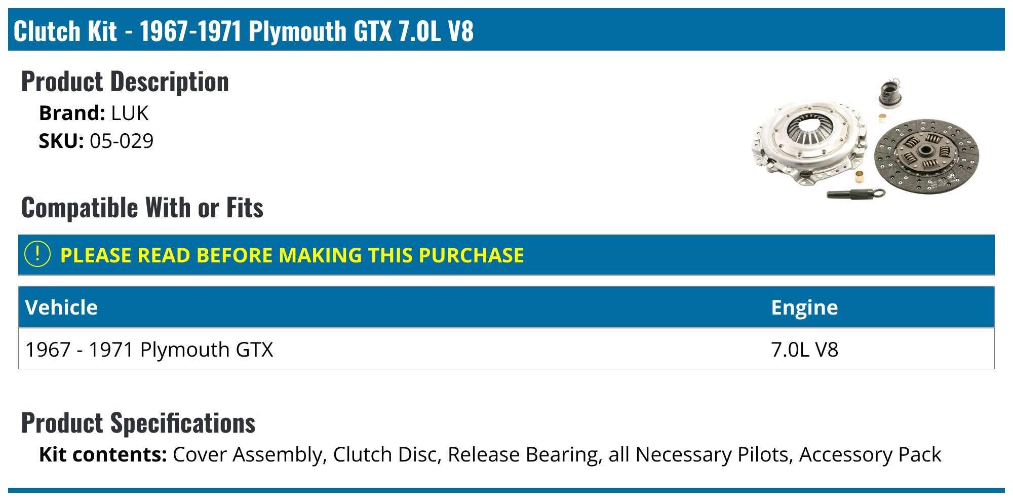 1967-1971 Plymouth GTX Clutch Kit - LUK 05-029 - PartsGeek.com