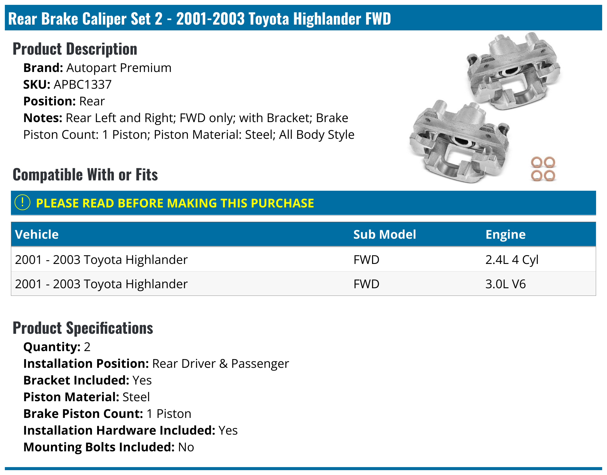 20012003 Toyota Highlander Brake Caliper Autopart Premium APBC1337