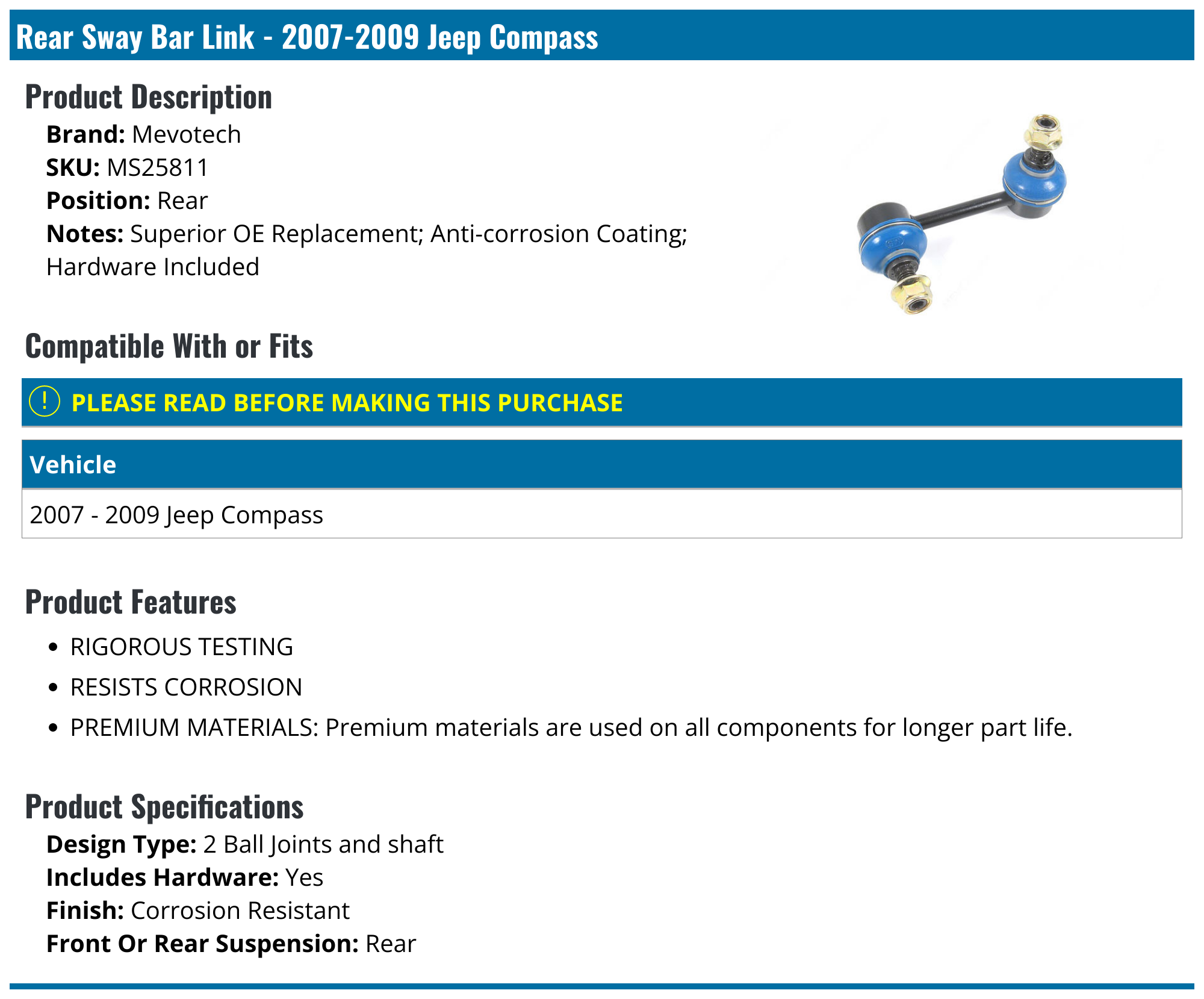 20072009 Jeep Compass Sway Bar Link Mevotech MS25811 Rear