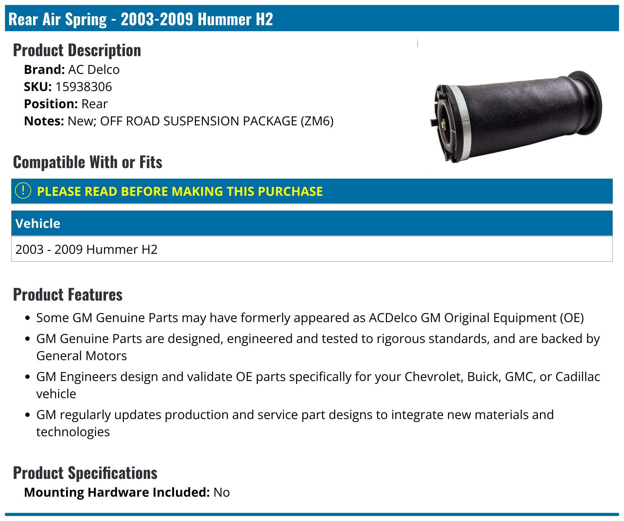 2003-2009 Hummer H2 Air Spring - AC Delco 15938306 - Rear - PartsGeek.com