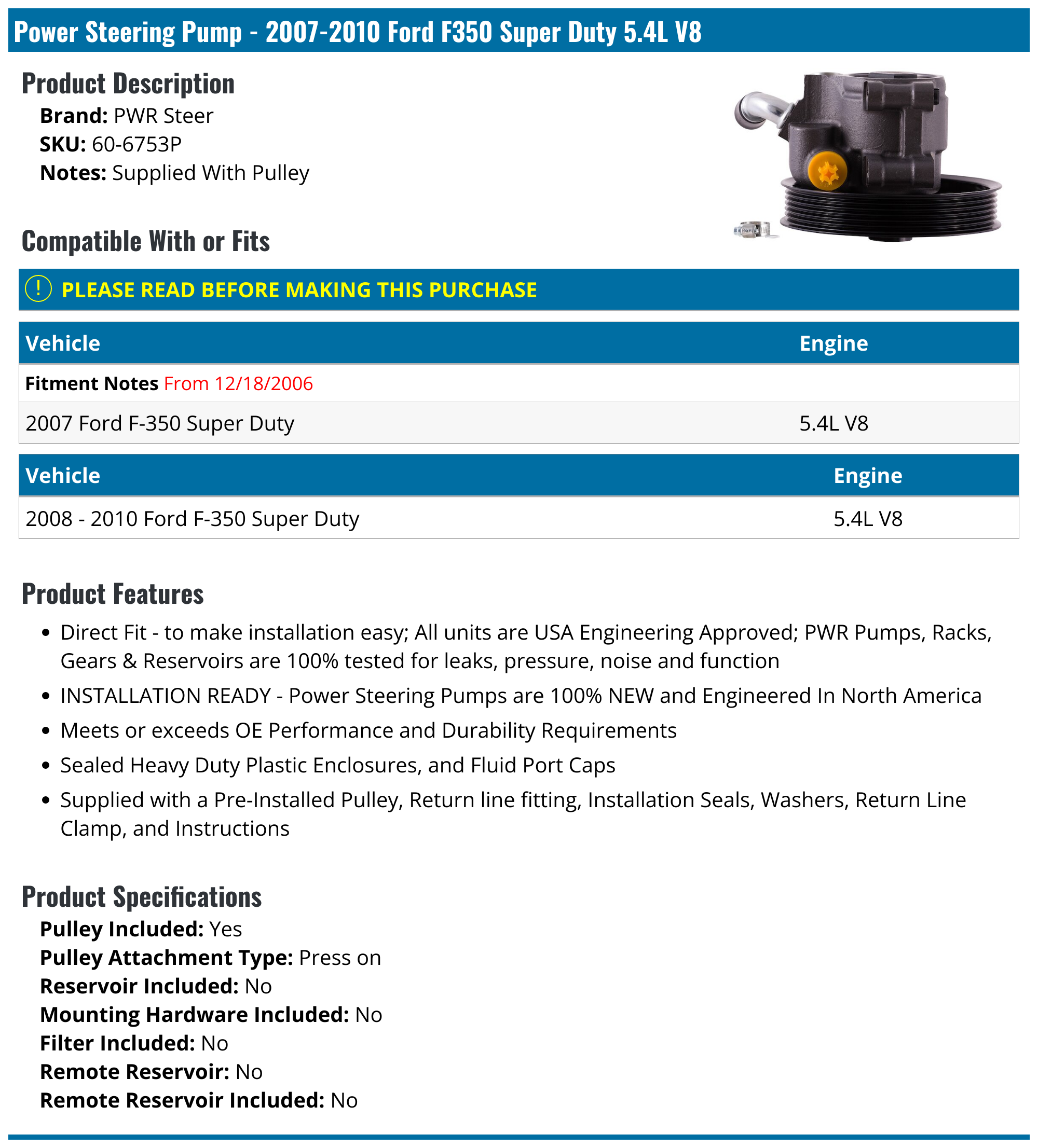 2007-2010 Ford F350 Super Duty Power Steering Pump - PWR Steer 60-6753P -  PartsGeek.com, image size:2000x2213