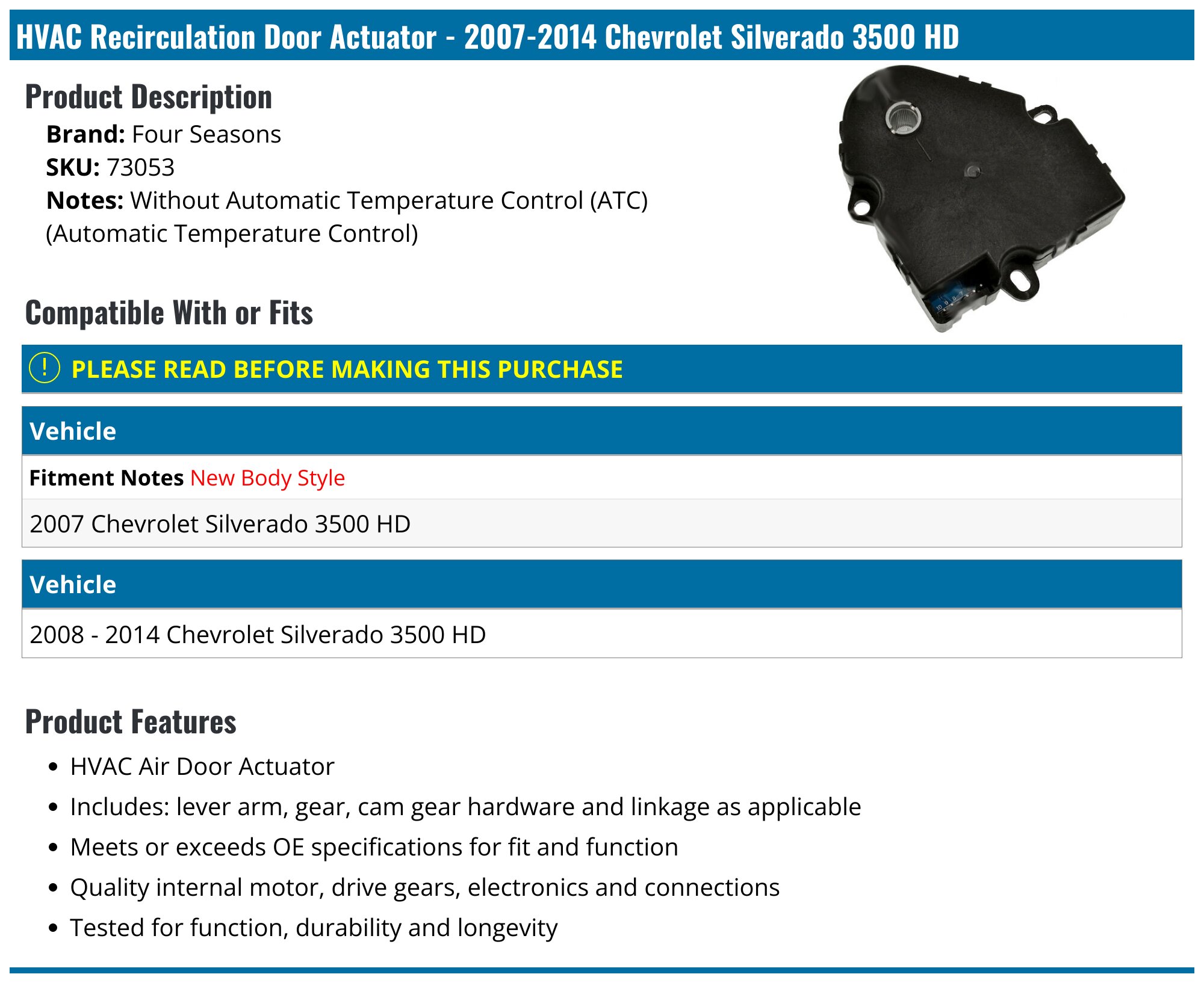 2007-2014 Chevrolet Silverado 3500 HD HVAC Recirculation Door Actuator