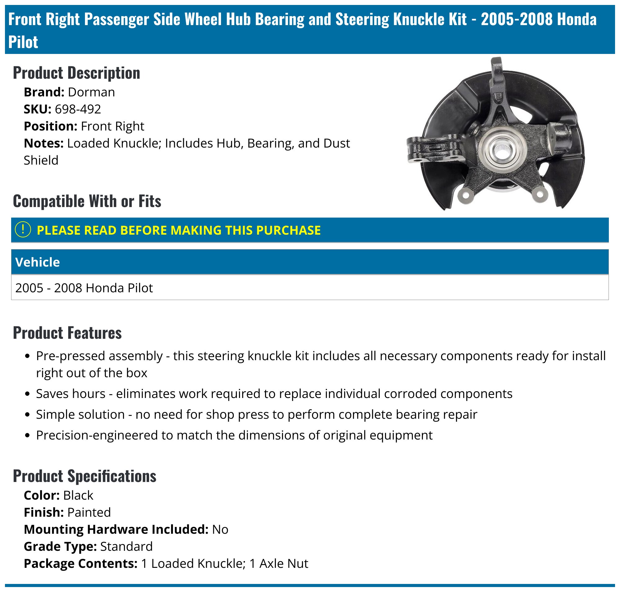 A-Premium 2x Front Steering Knuckles | Compatible With Honda Pilot 2005-2008 3.5L