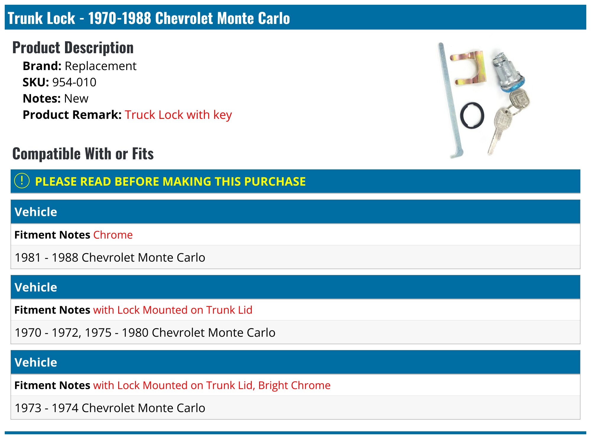 Door & Trunk Lock Set For 1970-1977 Monte Carlo – Stainless Steel (Hydro-E-Lectric)