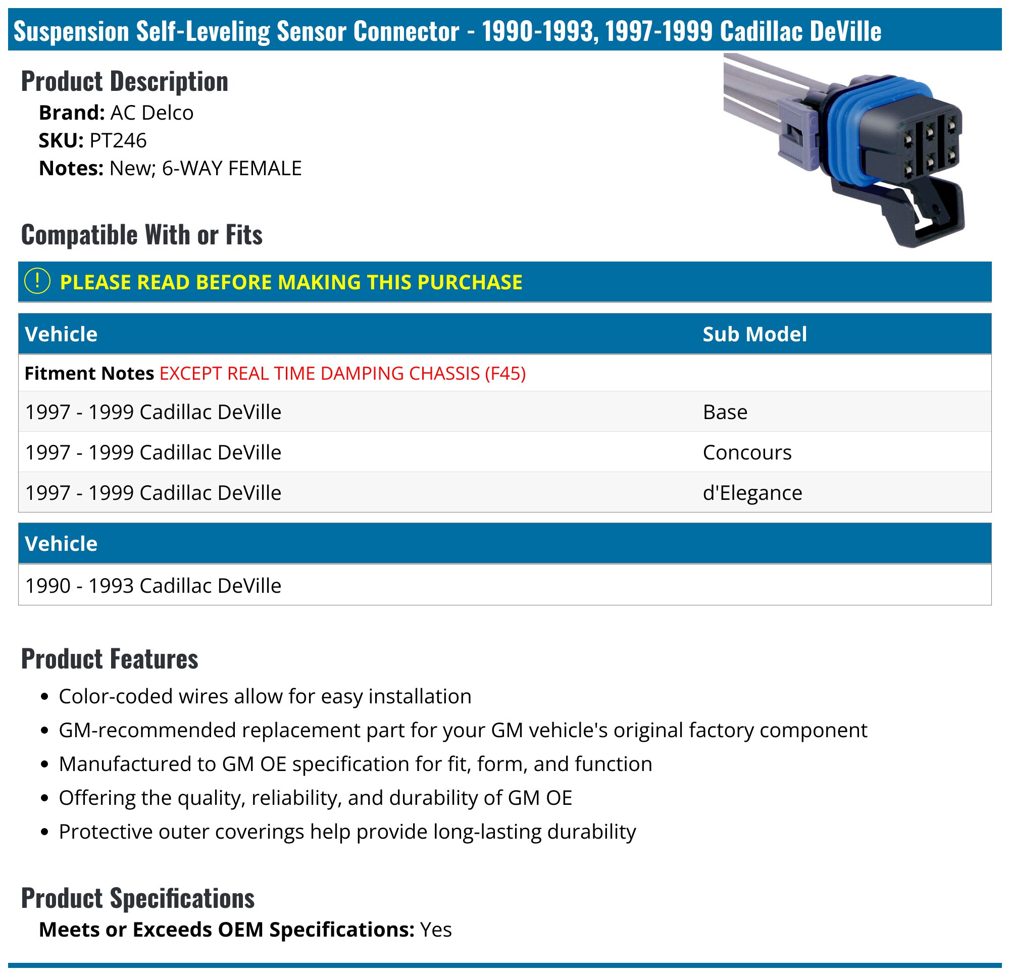 1990-1993, 1997-1999 Cadillac DeVille Suspension Self-Leveling Sensor ...