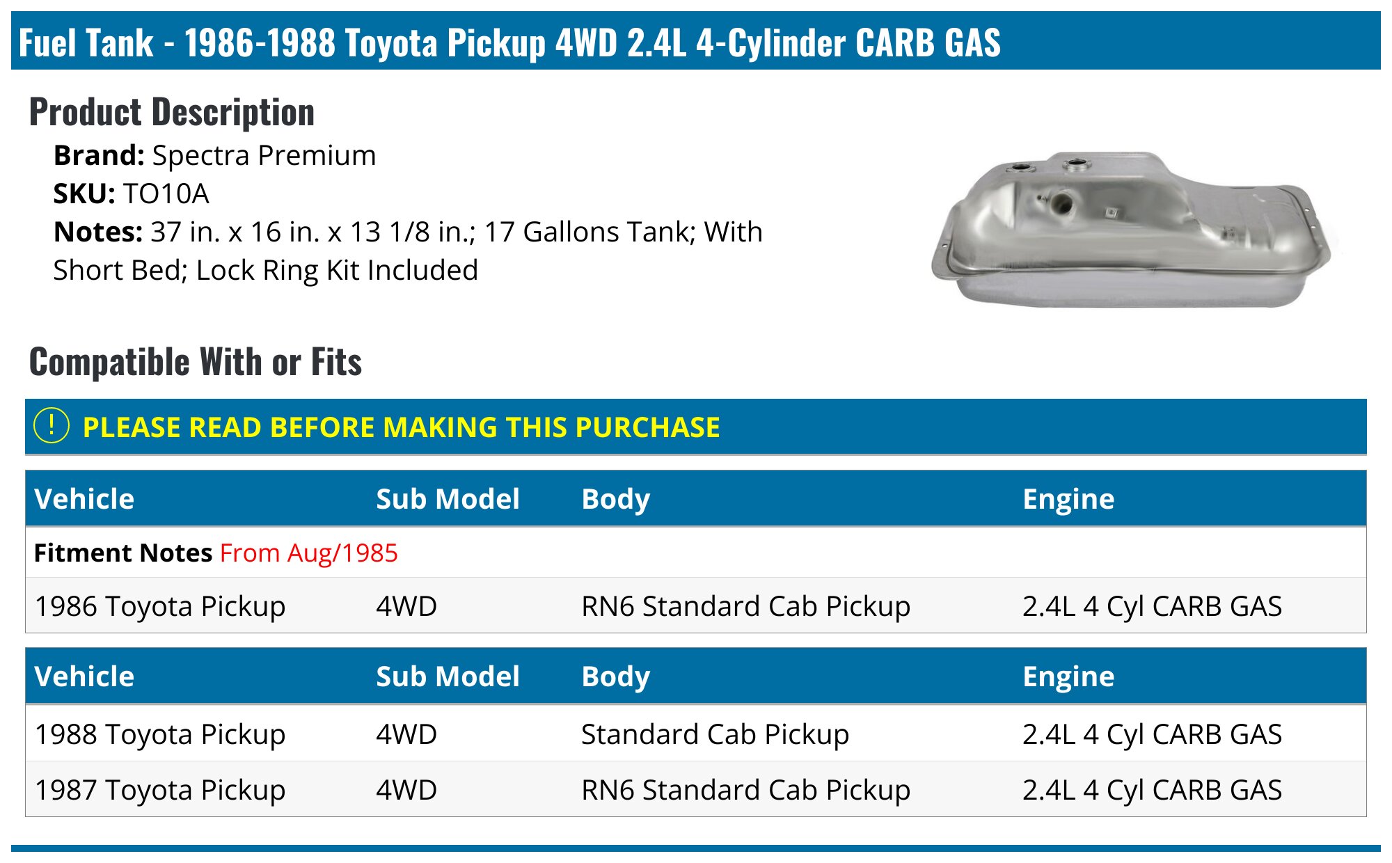 1986-1988 Toyota Pickup Fuel Tank - Spectra Premium TO10A - - PartsGeek.com