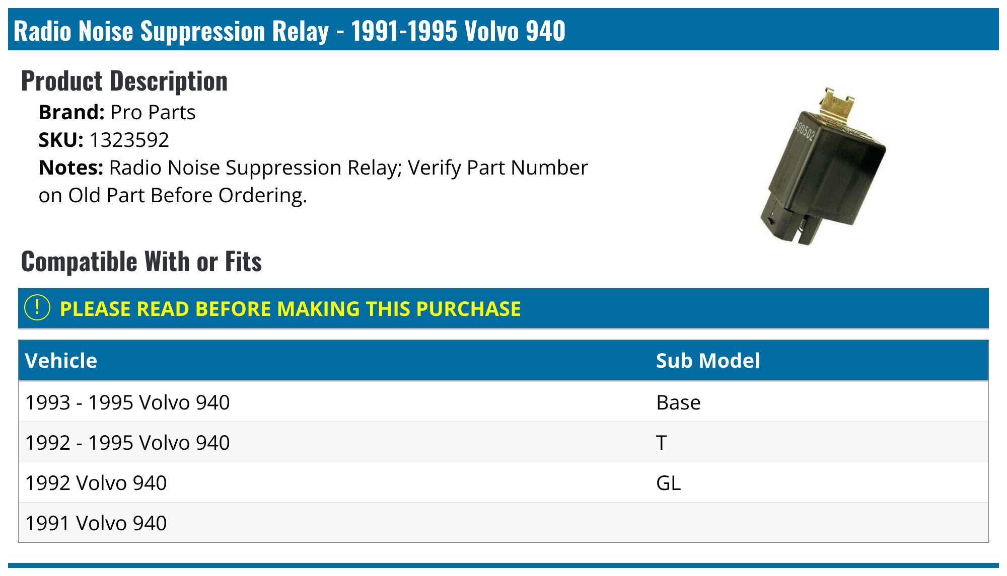 Fuel Pump Relay For 1991-1995 Volvo 940 – Direct Replacement Part (PG-1069398)