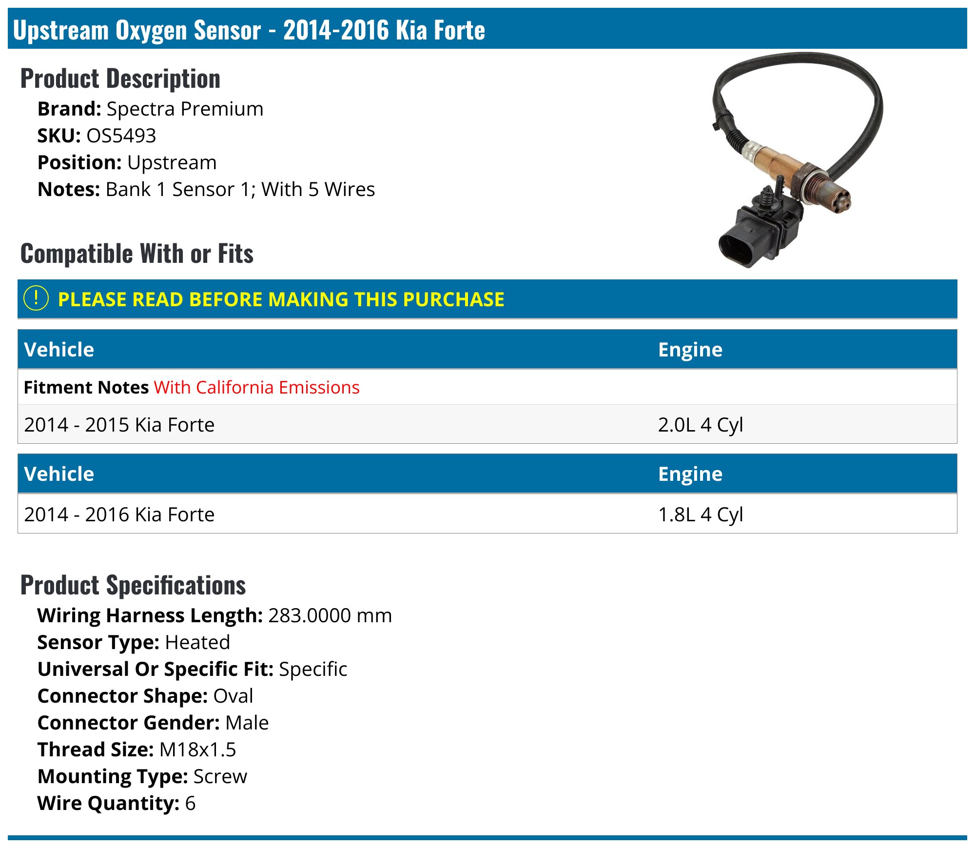 Upstream O2 Oxygen Sensor 5-Wire For Kia Forte 2005-2009 & Audi A4 Quattro 3.0L - Chensensor TB2912502A-550