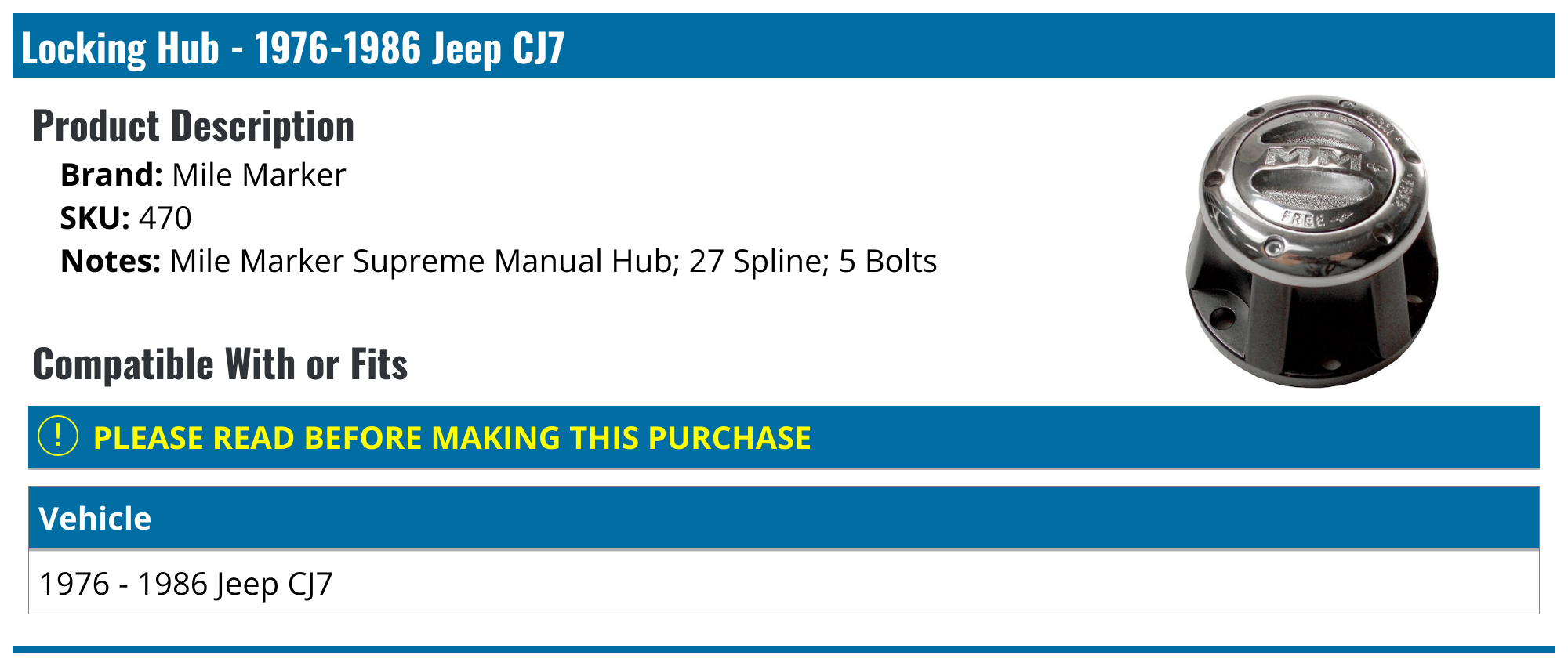 19761986 Jeep CJ7 Locking Hub Mile Marker 470