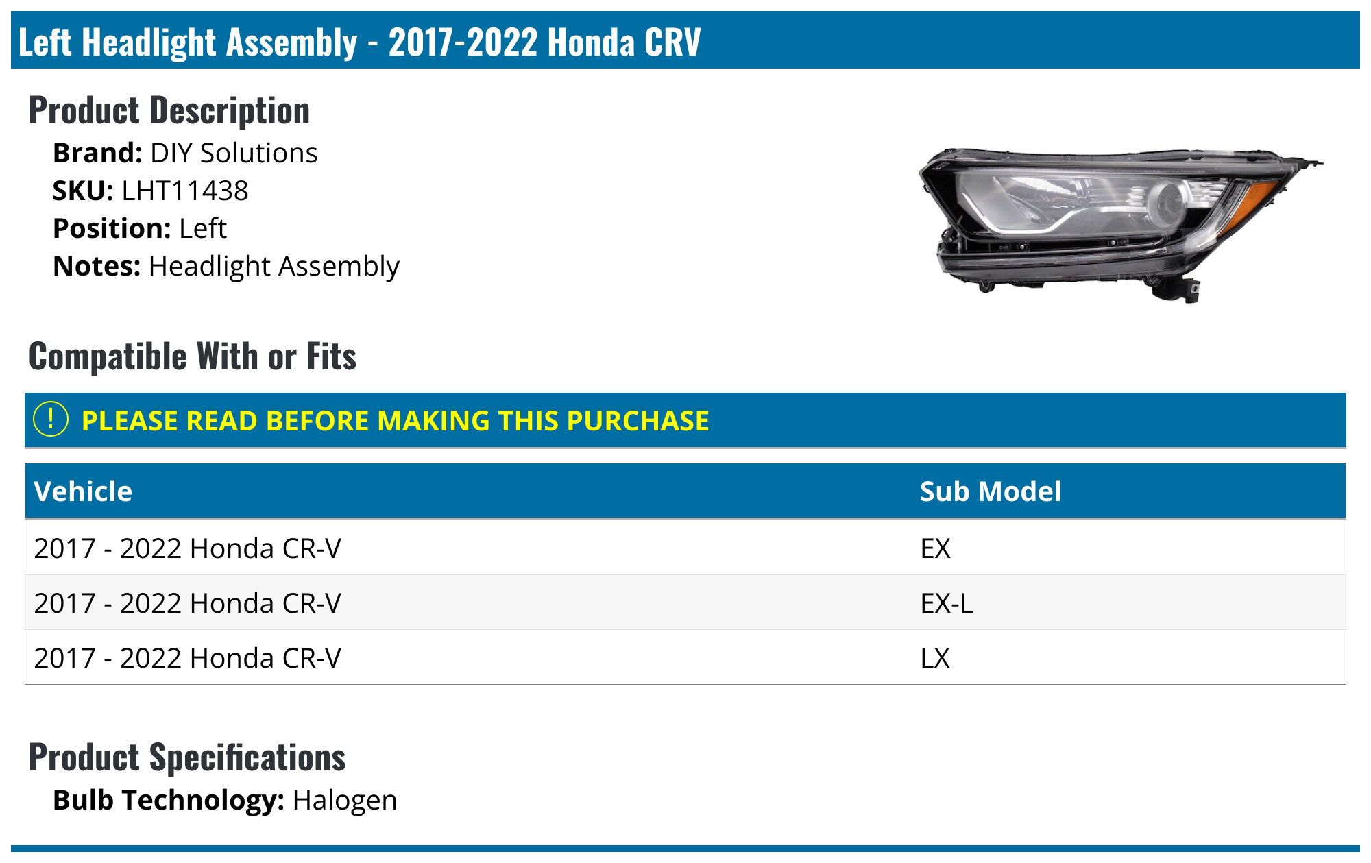 20172022 Honda CRV Headlight Assembly DIY Solutions LHT11438 Left