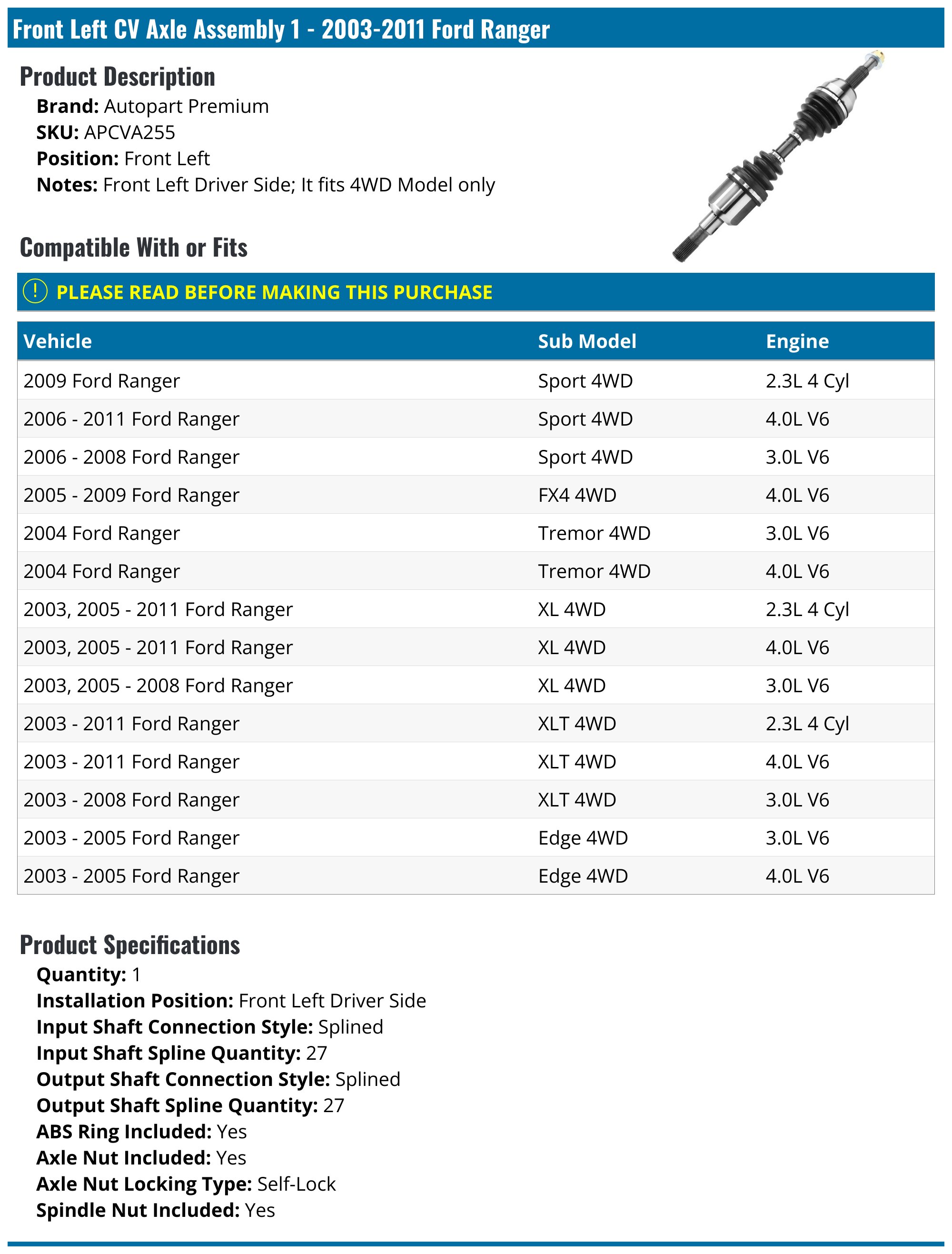 Front Left CV Axle Shaft For Ford Ranger 2003-2011 4WD - Auto Shack DSK2100