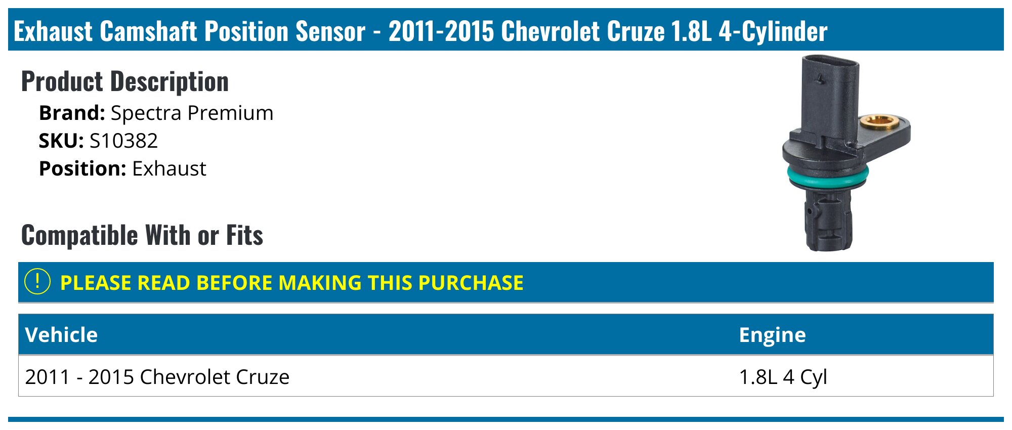 20112015 Chevrolet Cruze Camshaft Position Sensor Spectra Premium