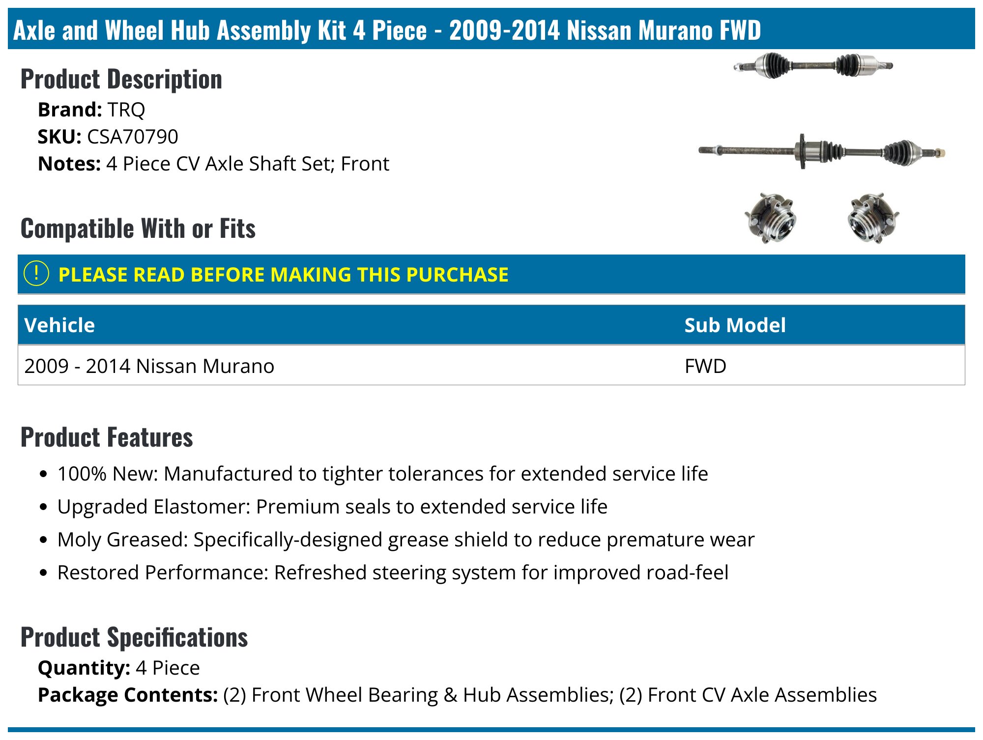Front CV Axle & Wheel Hub Bearing Assembly Kit For 2009-2014 Nissan Murano AWD