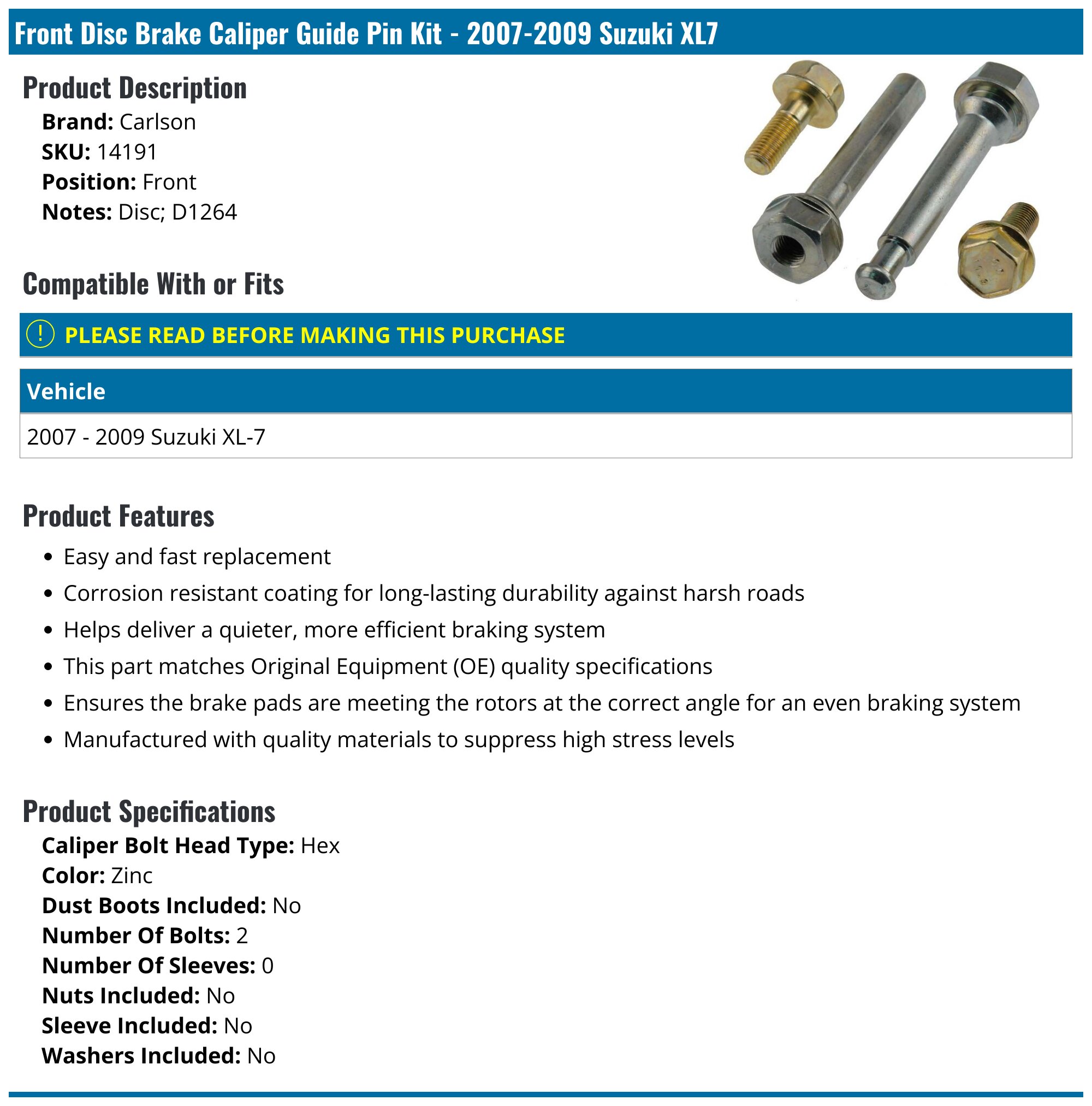 Carlson 14191 Disc Brake Caliper Guide Pin Kit – Front & Rear – 1 Year Warranty