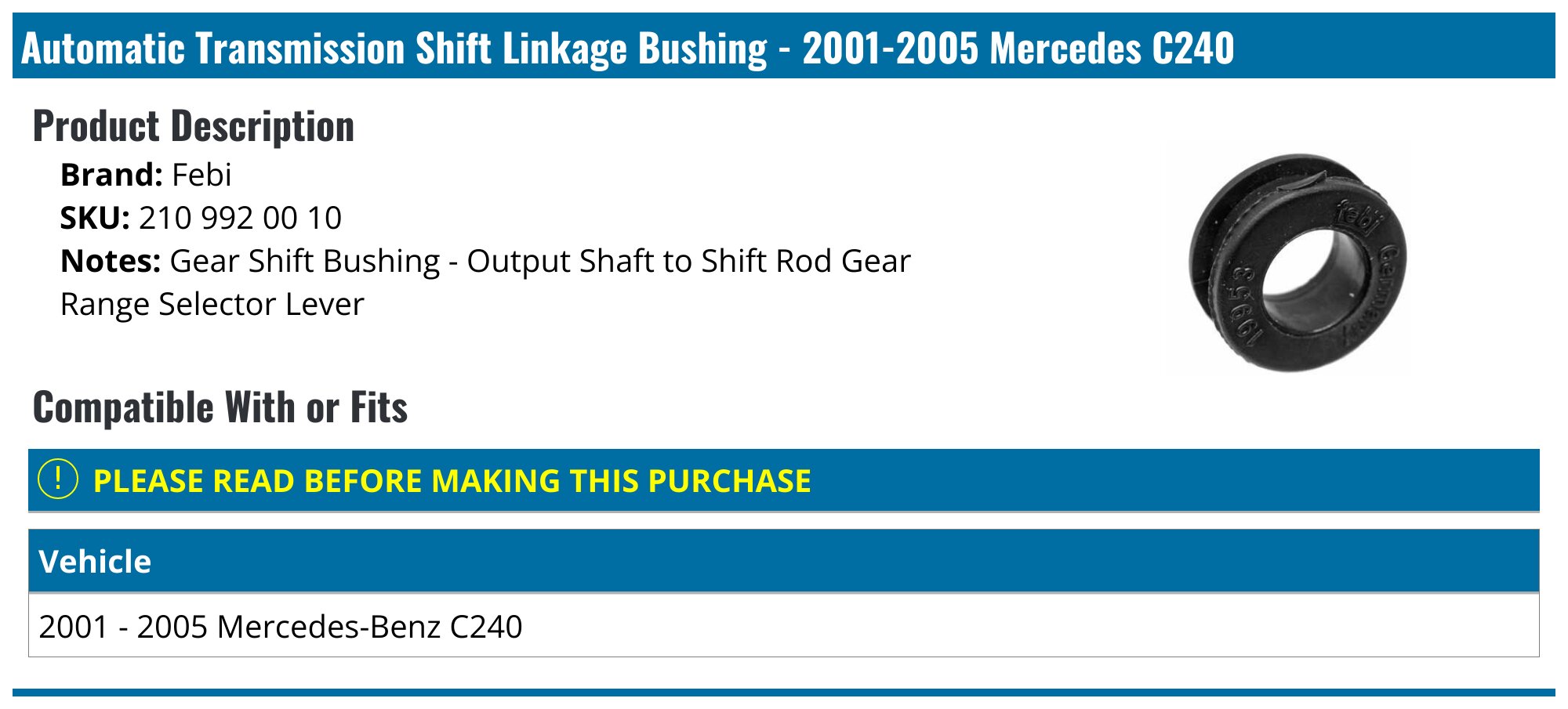 Febi Bilstein Automatic Transmission Gear Shifter Rod Bushing – Mercedes 115 992 03 10