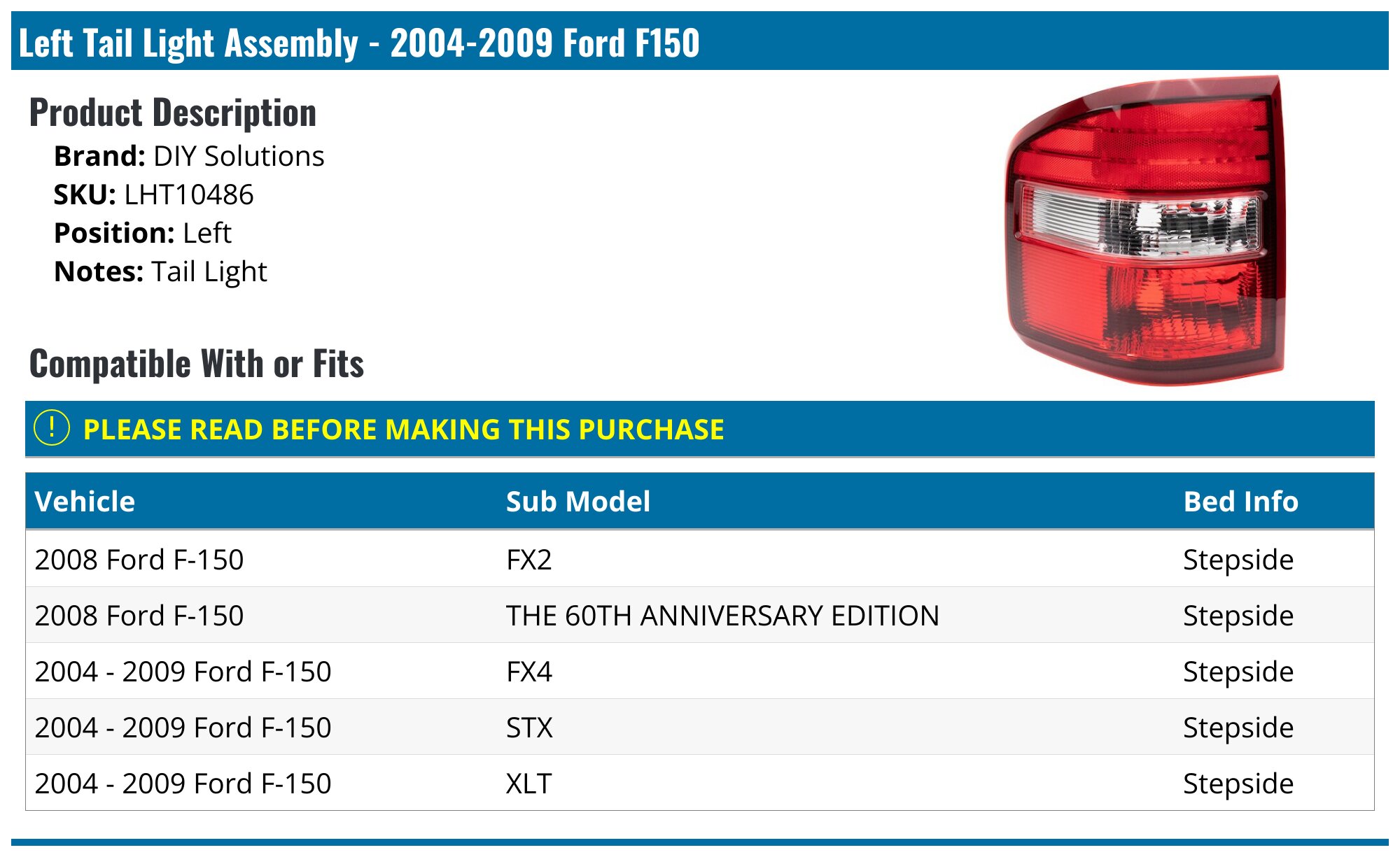 20042009 Ford F150 Tail Light Assembly DIY Solutions LHT10486 Left