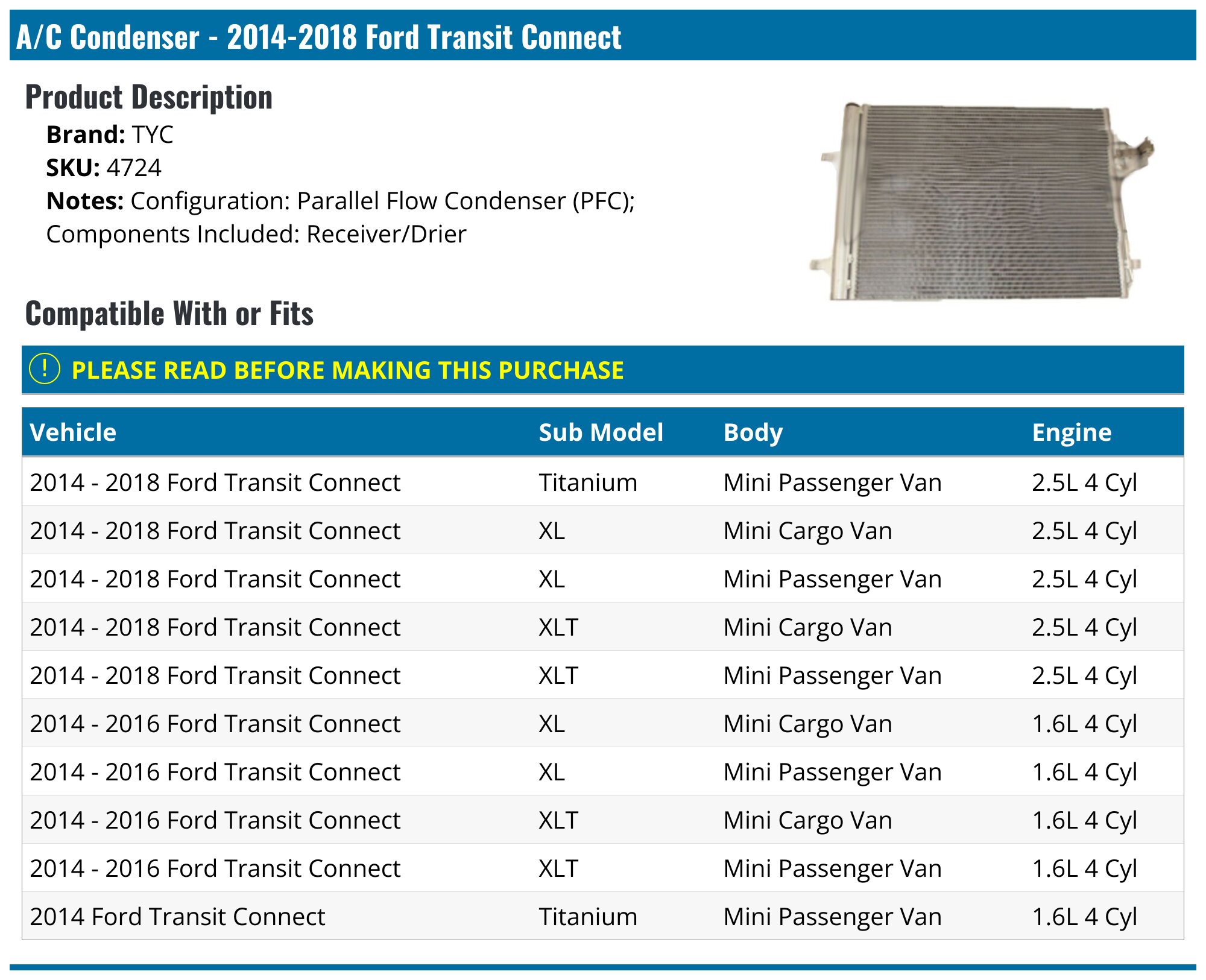 Autodayplus AC Condenser For Ford Transit Connect 2015-2022 & Lincoln MKC 2015-2019 – Parallel Flow, Aluminum, W/ Receiver Drier
