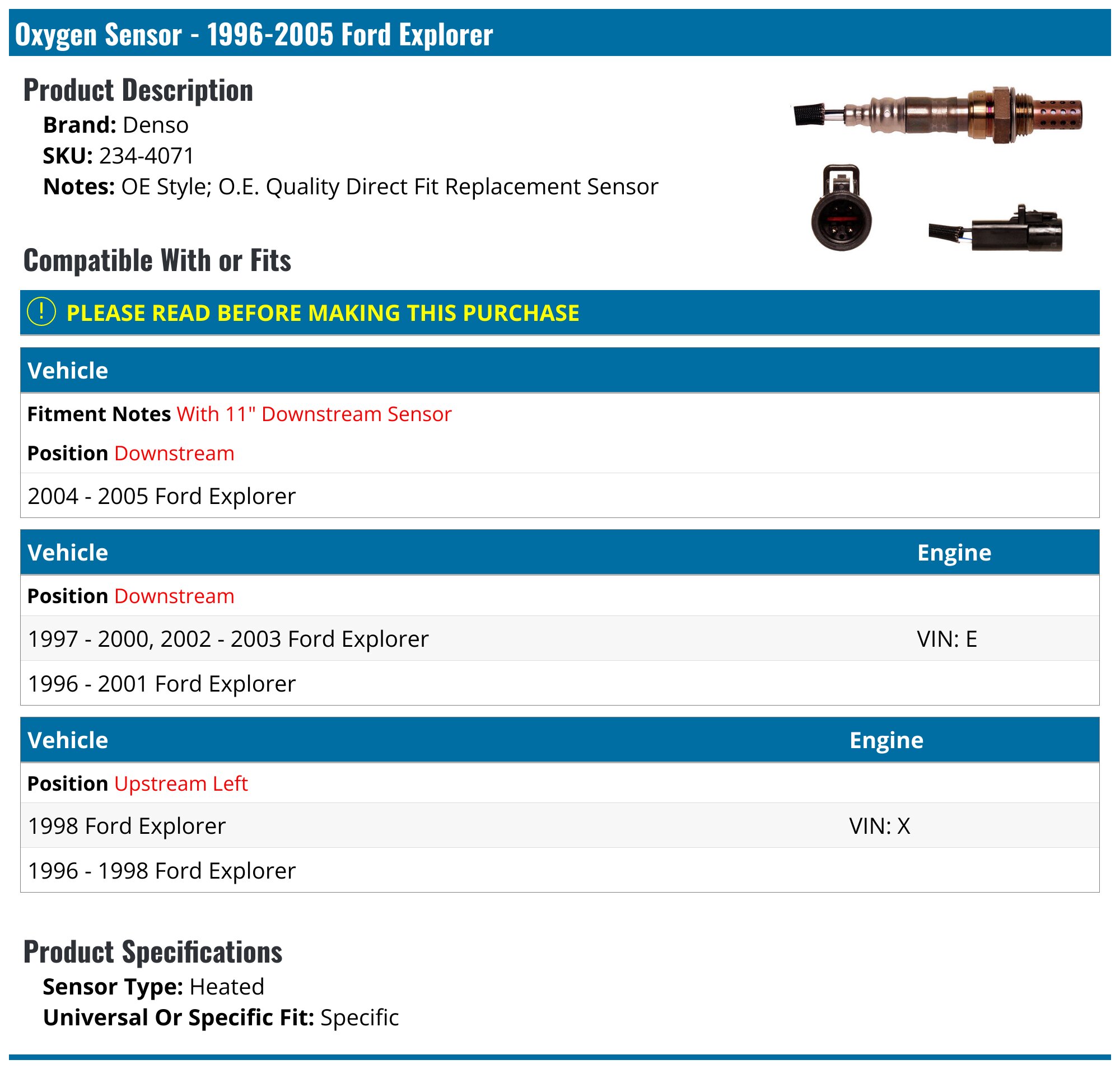 O2 Sensor 98 Explorer 1996-2005 Ford Explorer Oxygen Sensor - Denso 234-4071 - Upstream Left ...