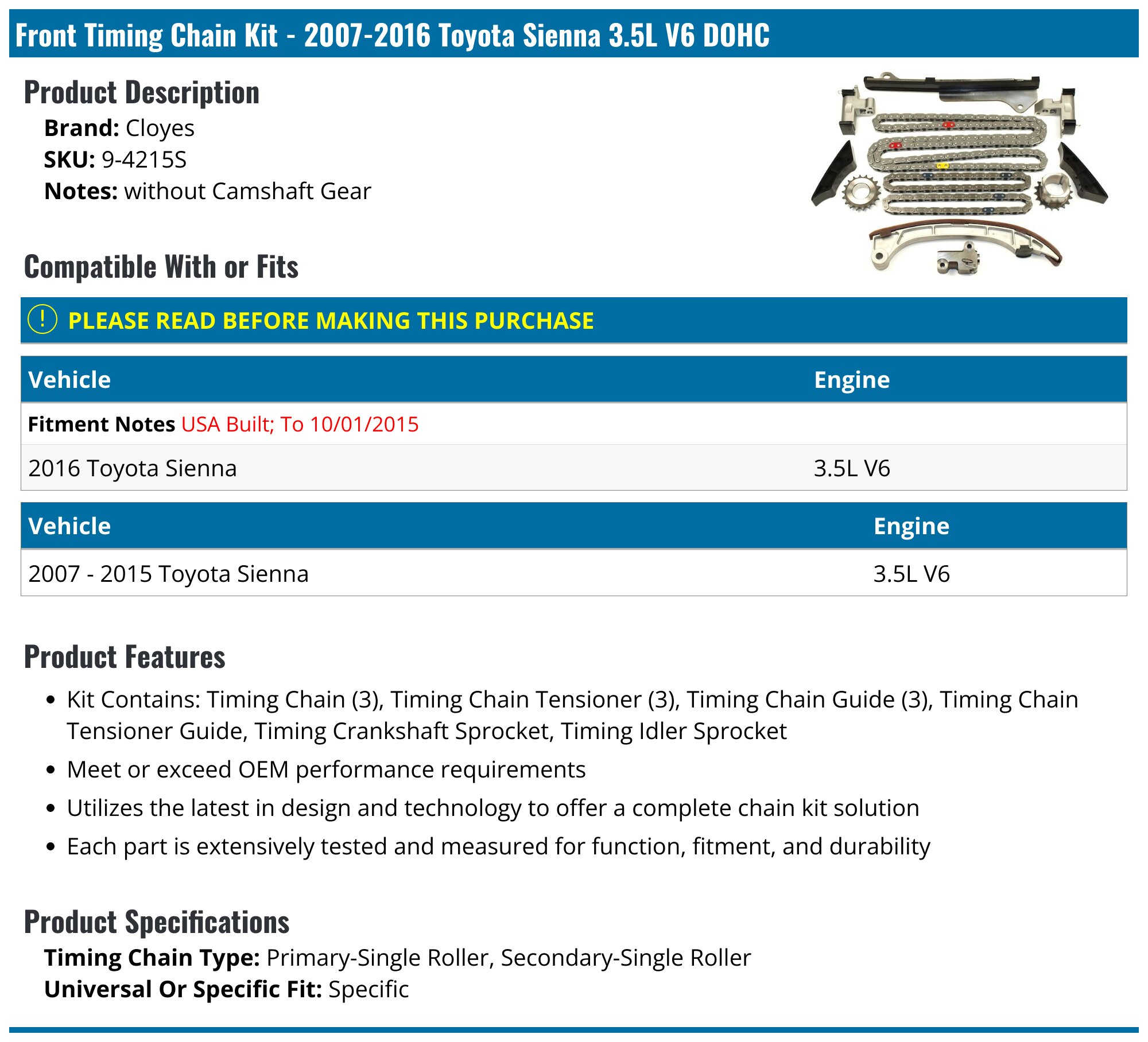20072016 Toyota Sienna Timing Chain Cloyes 94215S