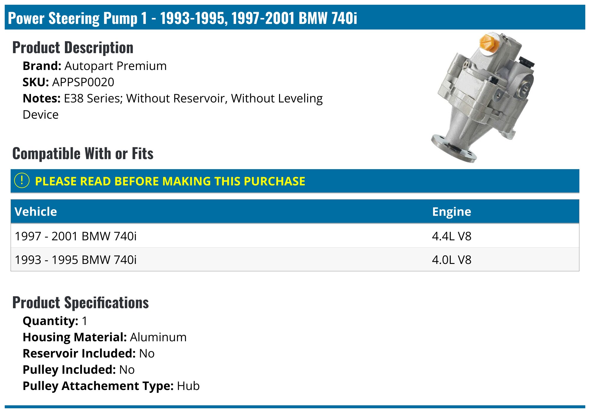 1993-1995, 1997-2001 BMW 740i Power Steering Pump - Autopart Premium ...
