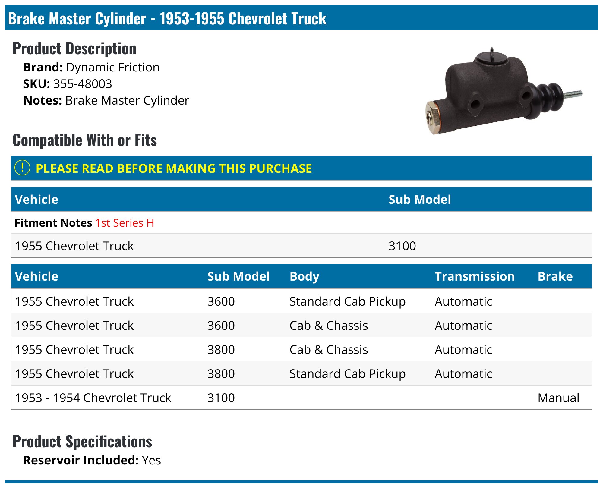 Brake Master Cylinder With Reservoir — Fits Chevrolet Corvette 1953, 1954, 1955-1962 Models