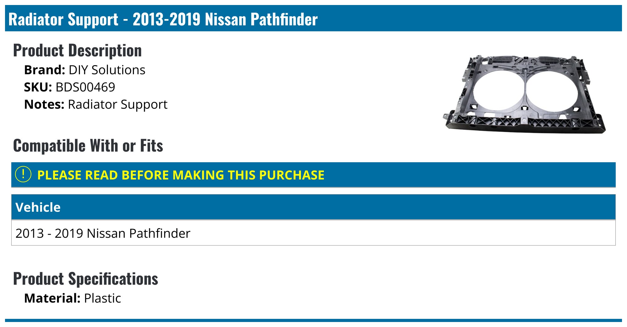 Radiator Support Cover For 2013-2016 Nissan Pathfinder - Upper Sight Shield Part 86657RC